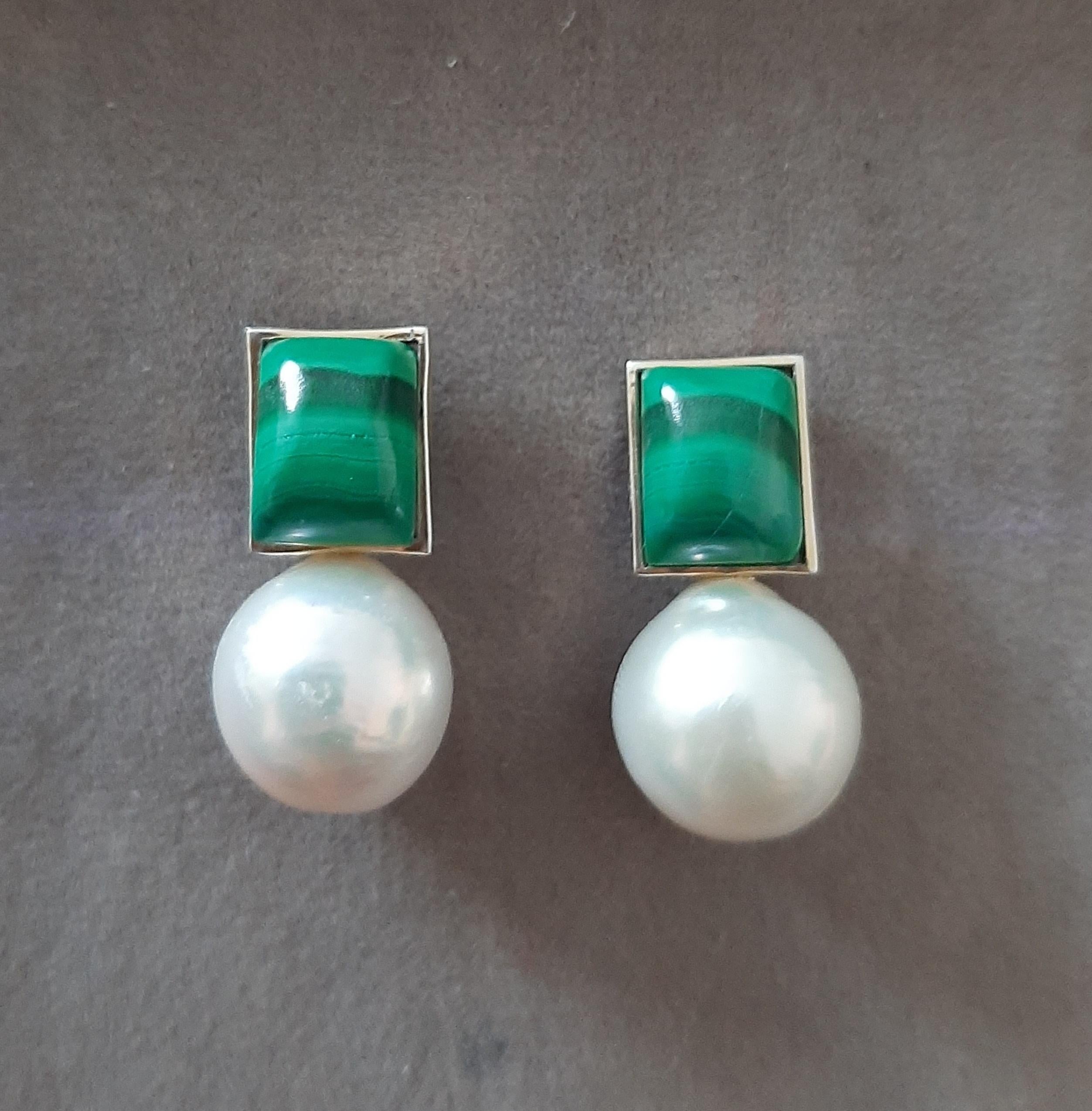 Orecchini rettangolari di malachite con perle bianche barocche in oro massiccio 14k in vendita 8