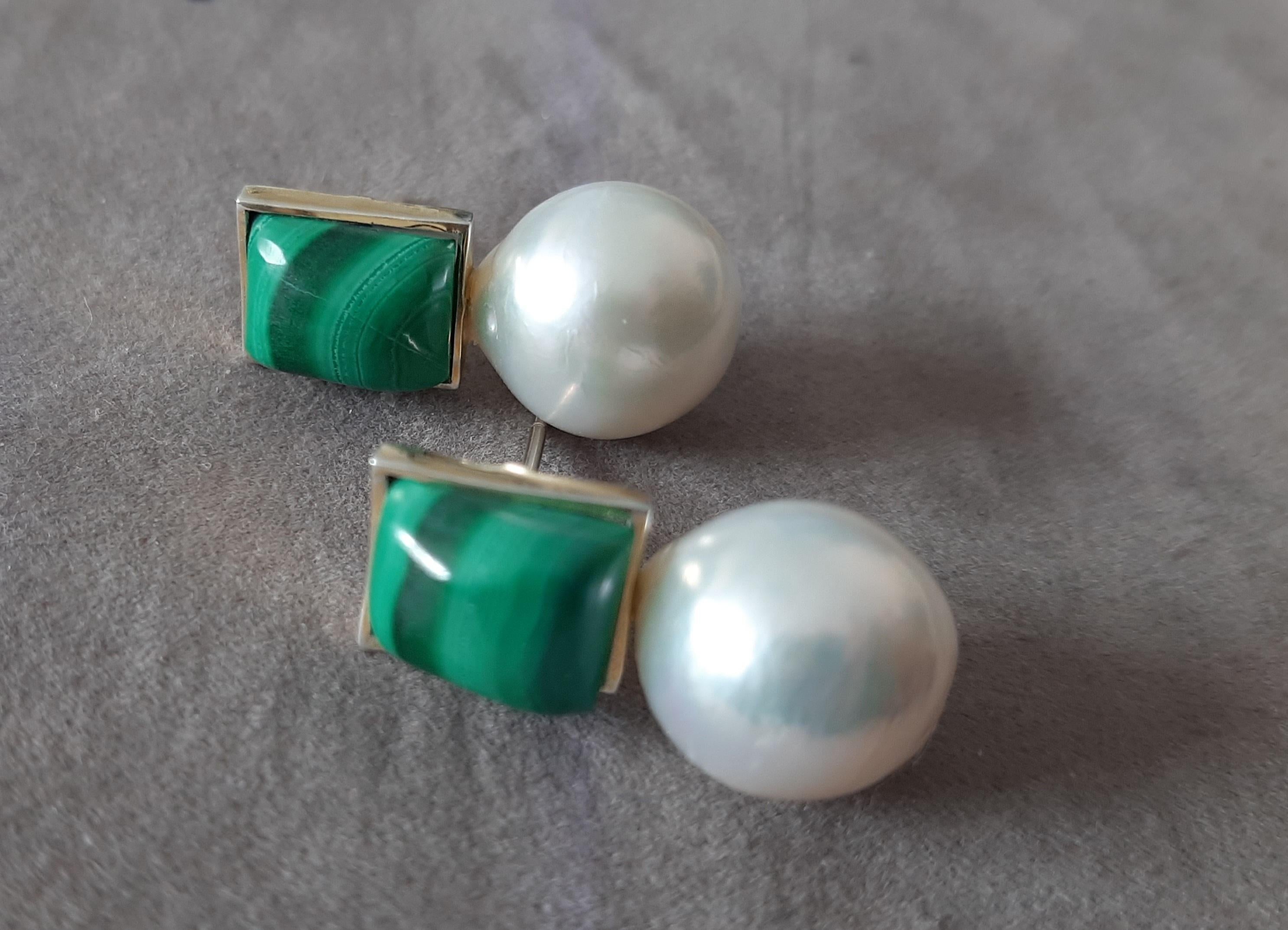 Orecchini rettangolari di malachite con perle bianche barocche in oro massiccio 14k in vendita 1