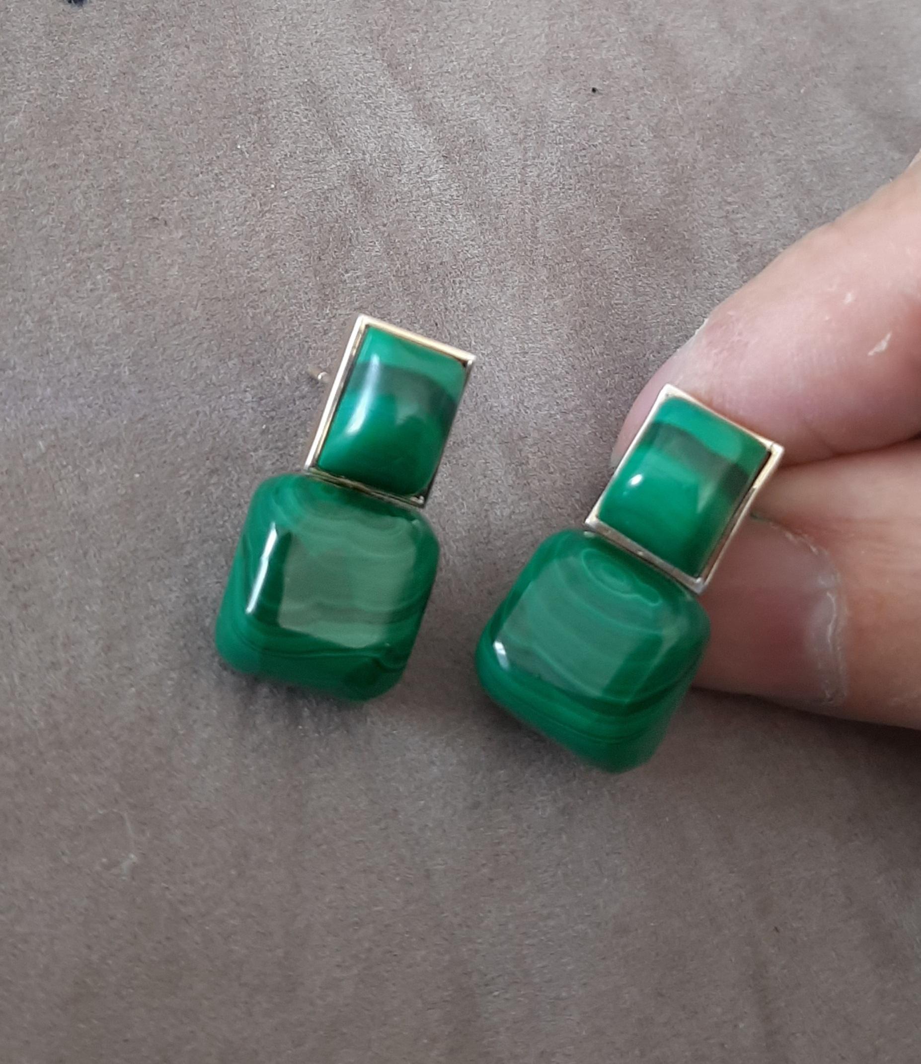 Orecchini con perno in oro massiccio 14k a forma di cuscino di malachite a cabs rettangolari in vendita 3