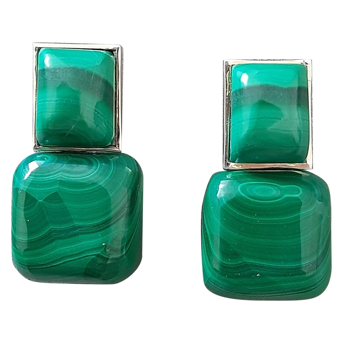 Orecchini con perno in oro massiccio 14k a forma di cuscino di malachite a cabs rettangolari