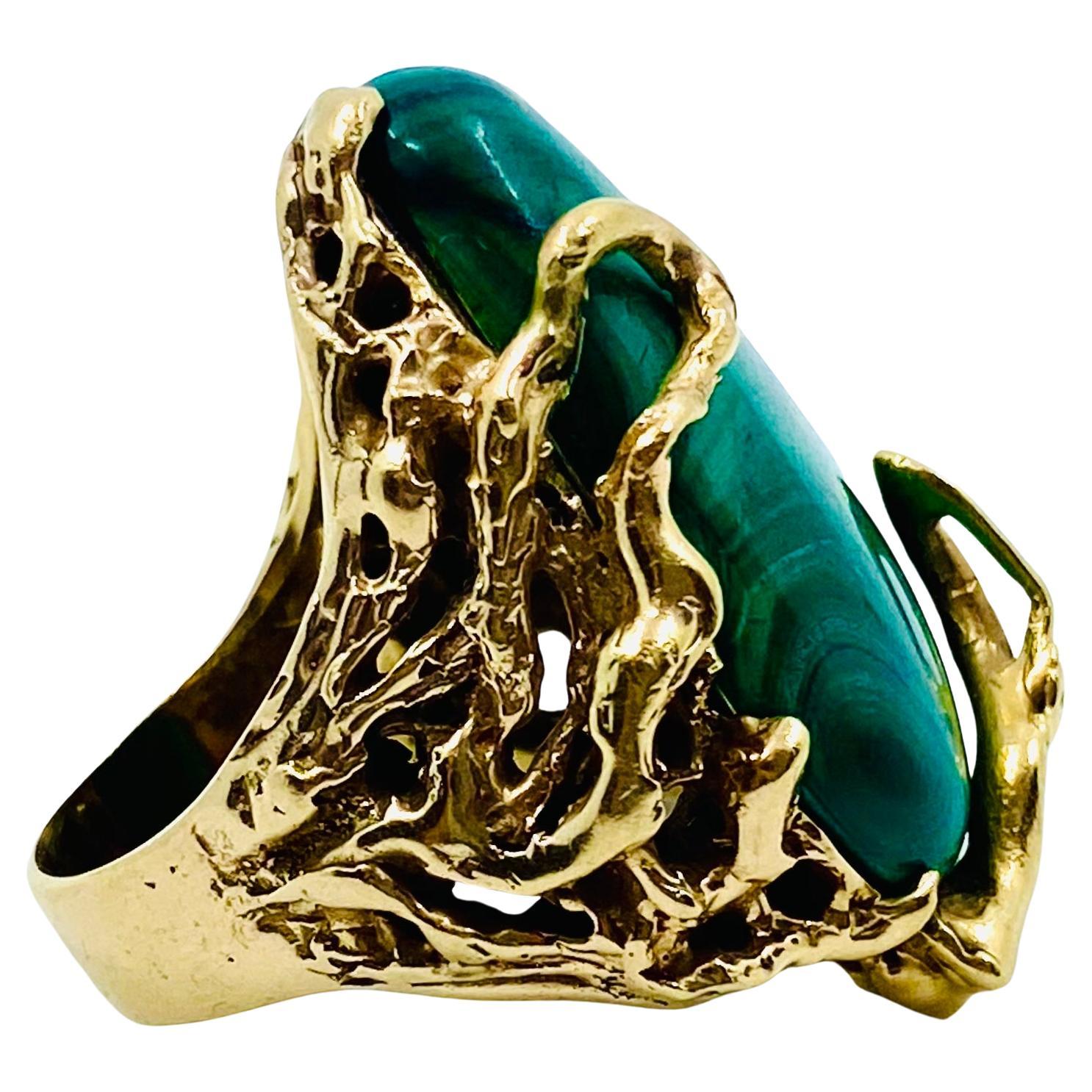 Women's or Men's Malachite Ring 14k Gold Artisan Jewelry For Sale