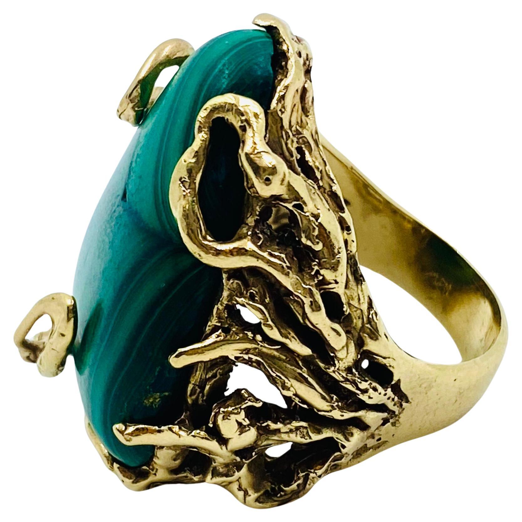 Malachite Ring 14k Gold Artisan Jewelry For Sale 1