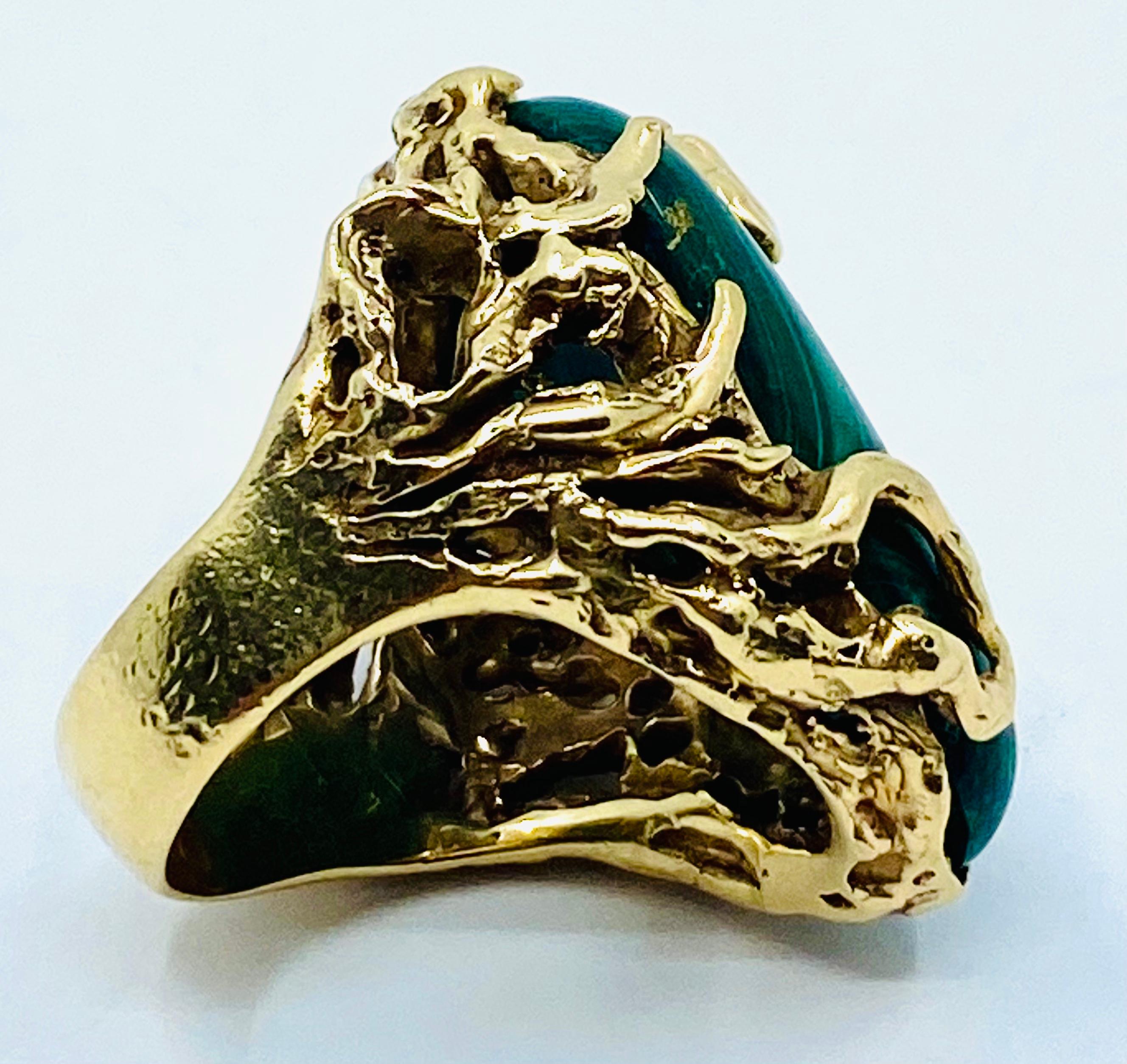 Malachite Ring 14k Gold Artisan Jewelry For Sale 4