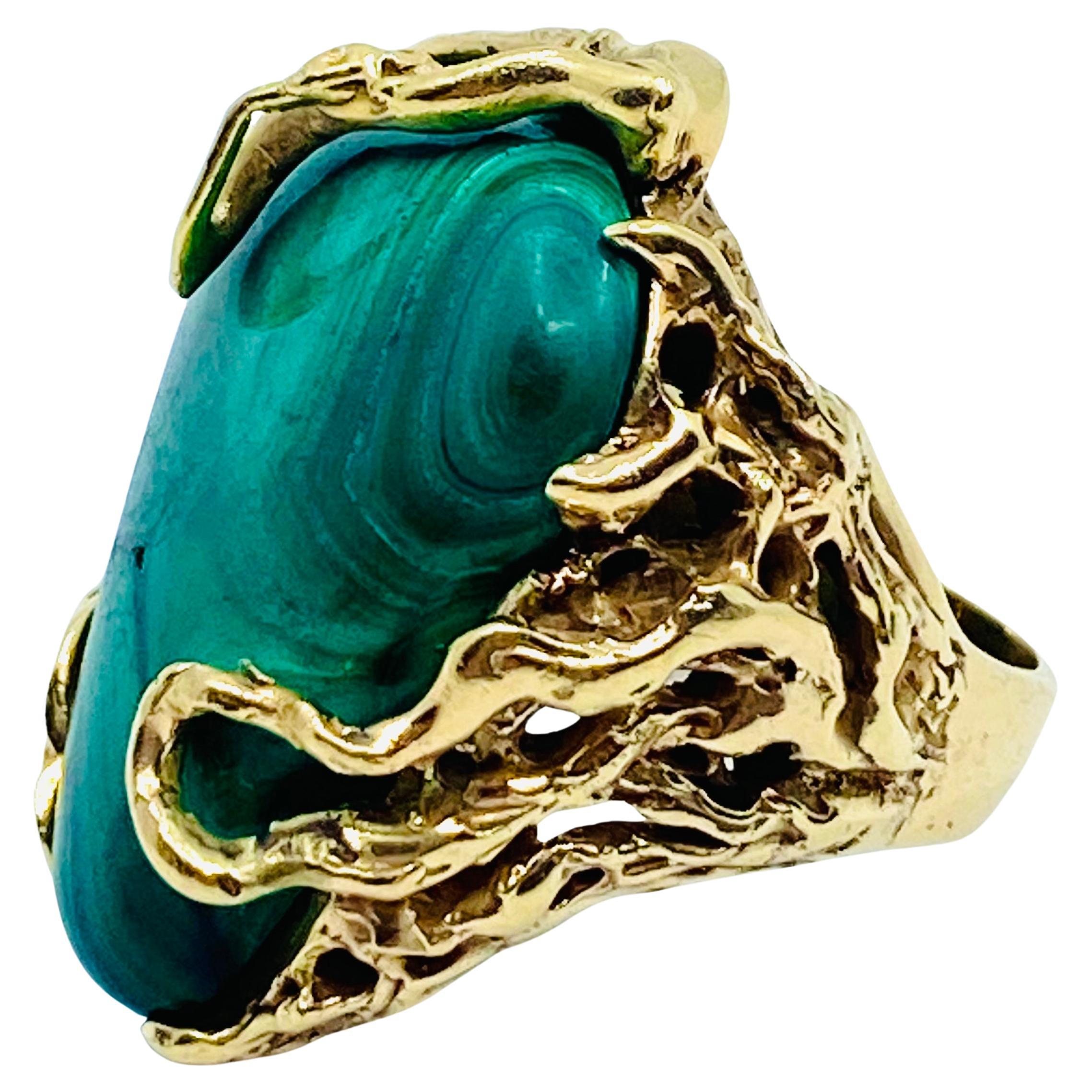 Malachit-Ring 14k Gold Kunsthandwerklicher Schmuck im Angebot