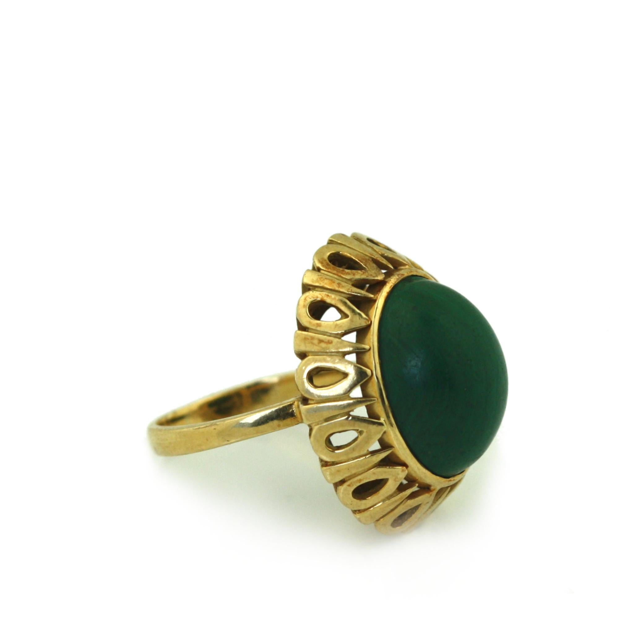 
Anello in malachite, anni '70
Incastonato con un cabochon ovale di malachite
montato in oro giallo 18 carati
Cabochon di malachite che misura circa
15.03 x 12.01 x 8.33mm
Peso totale 11,5 grammi
taglia 5 1/2
