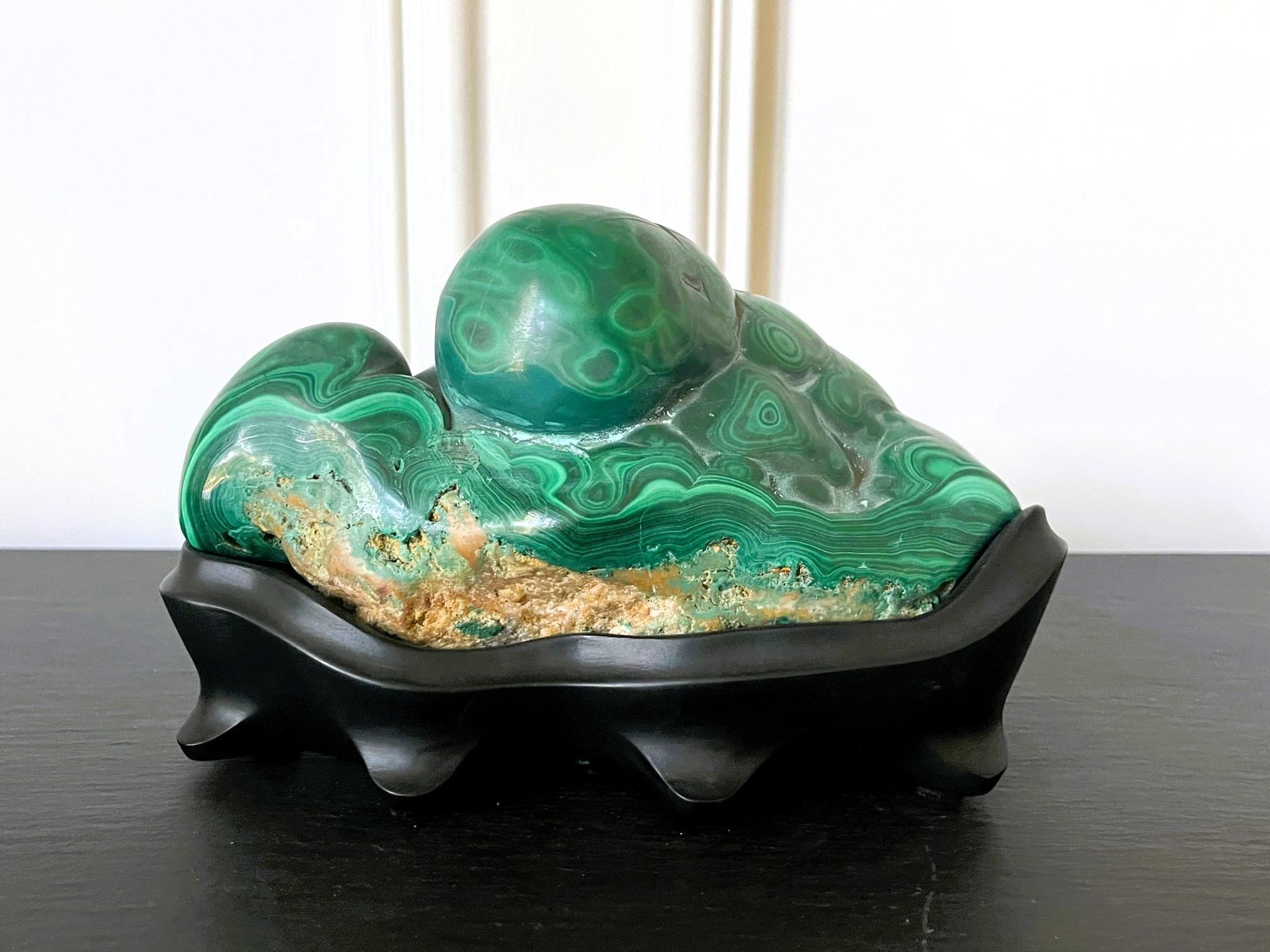 American Malachite Rock on Display Stand as a Chinese Scholar Stone For Sale