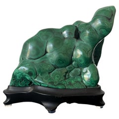 Vintage Malachite Rock on Display Stand as a Viewing Stone