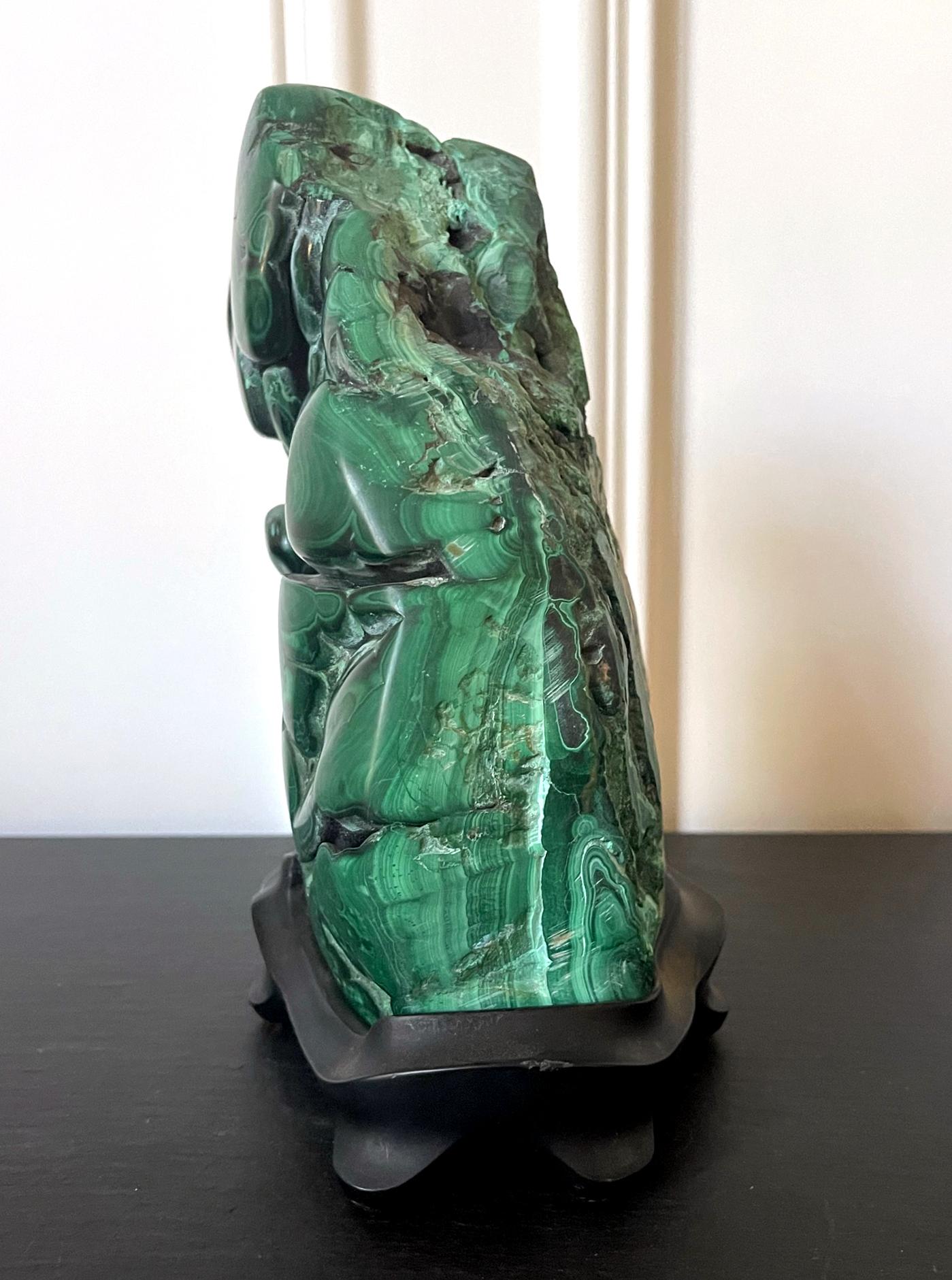 Chinoiserie Malachite Rock on Display Stand Chinese Scholar Stone For Sale