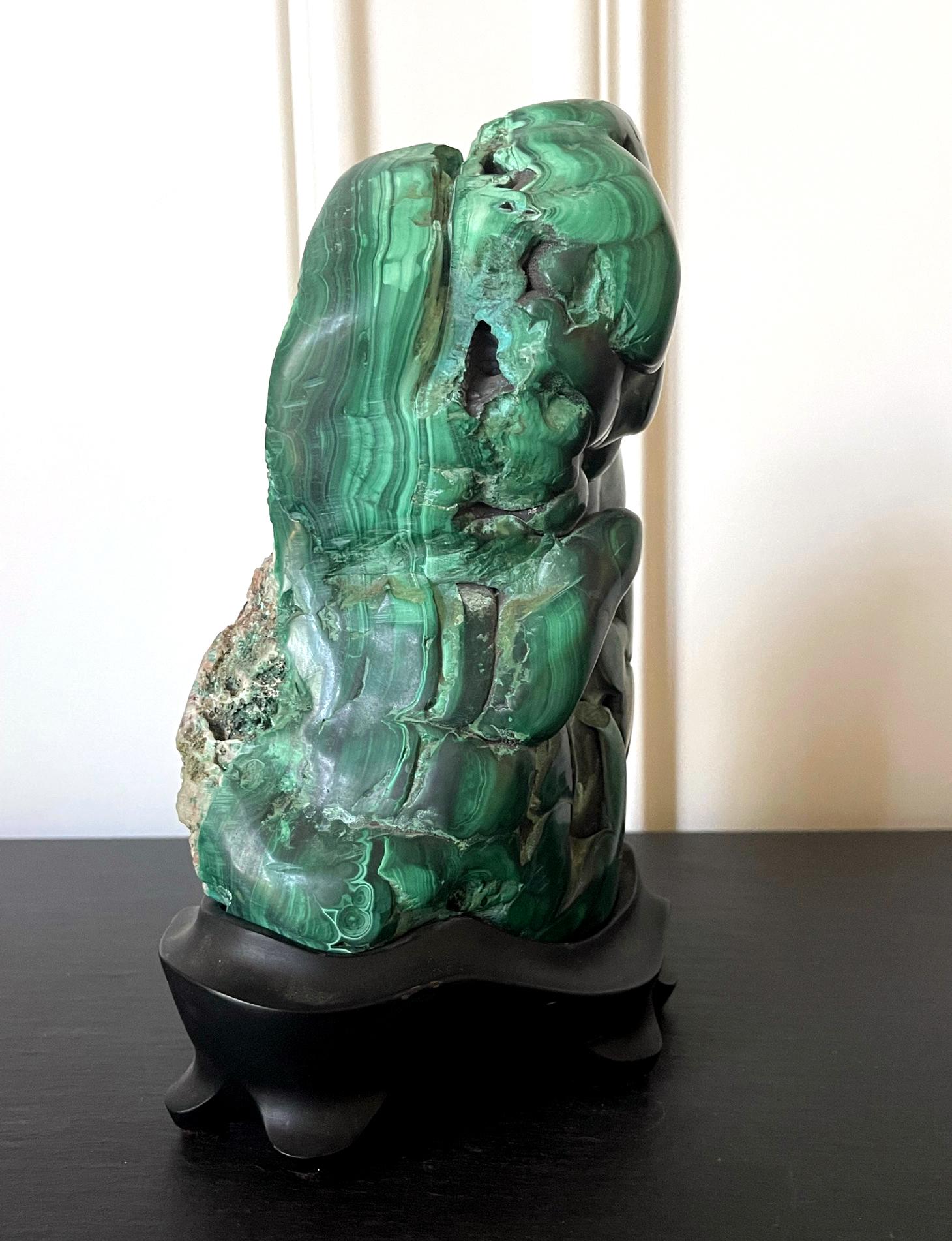 American Malachite Rock on Display Stand Chinese Scholar Stone For Sale