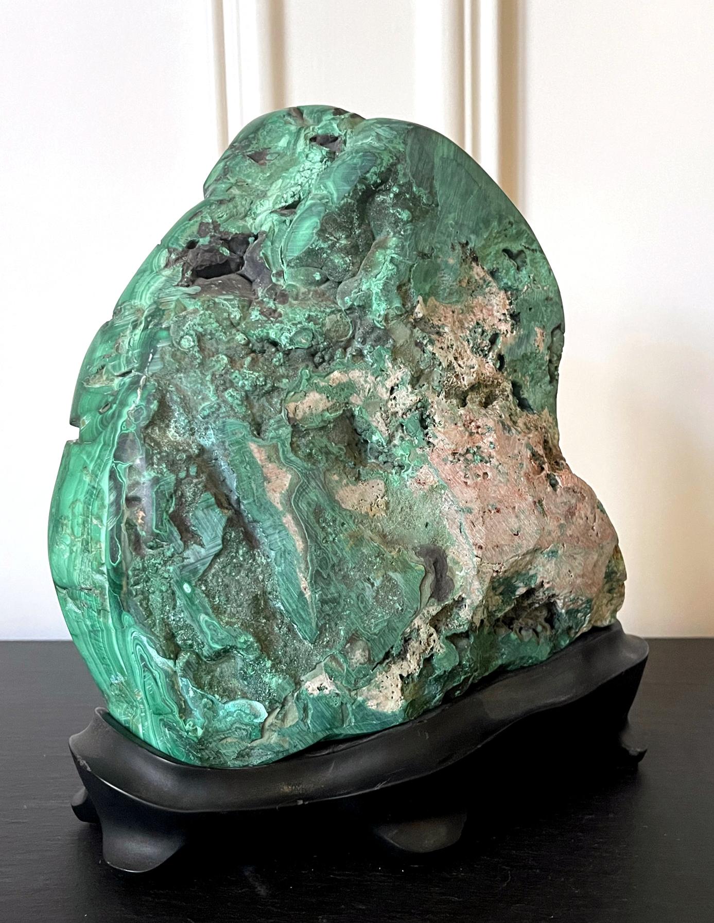 Malachite Rock on Display Stand Chinese Scholar Stone In Good Condition For Sale In Atlanta, GA