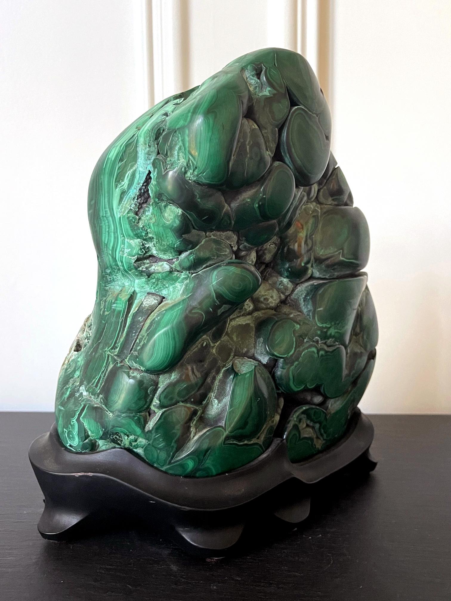 20th Century Malachite Rock on Display Stand Chinese Scholar Stone For Sale