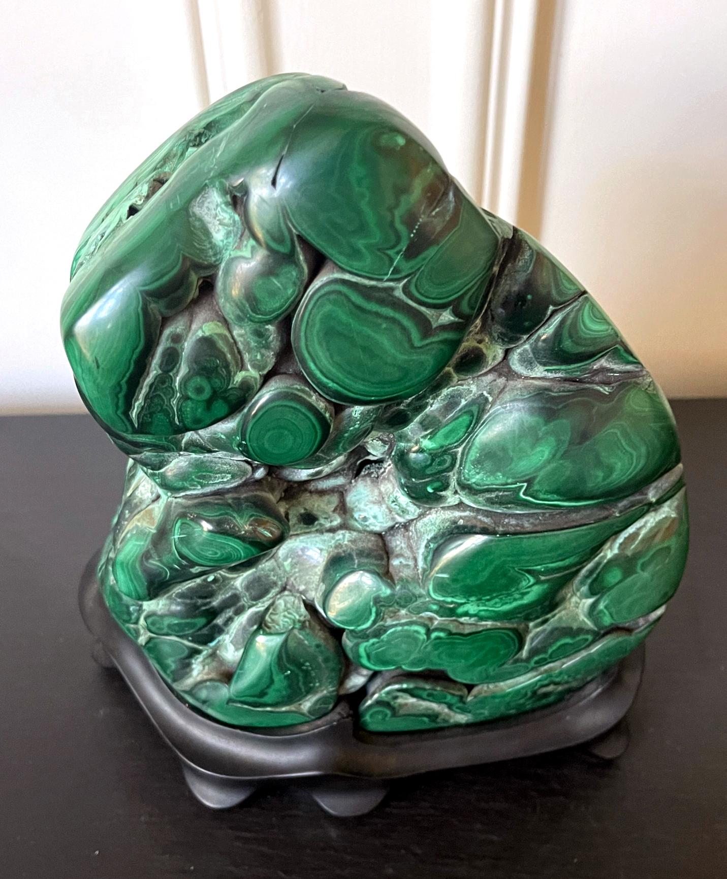 Malachite Rock on Display Stand Chinese Scholar Stone In Good Condition For Sale In Atlanta, GA