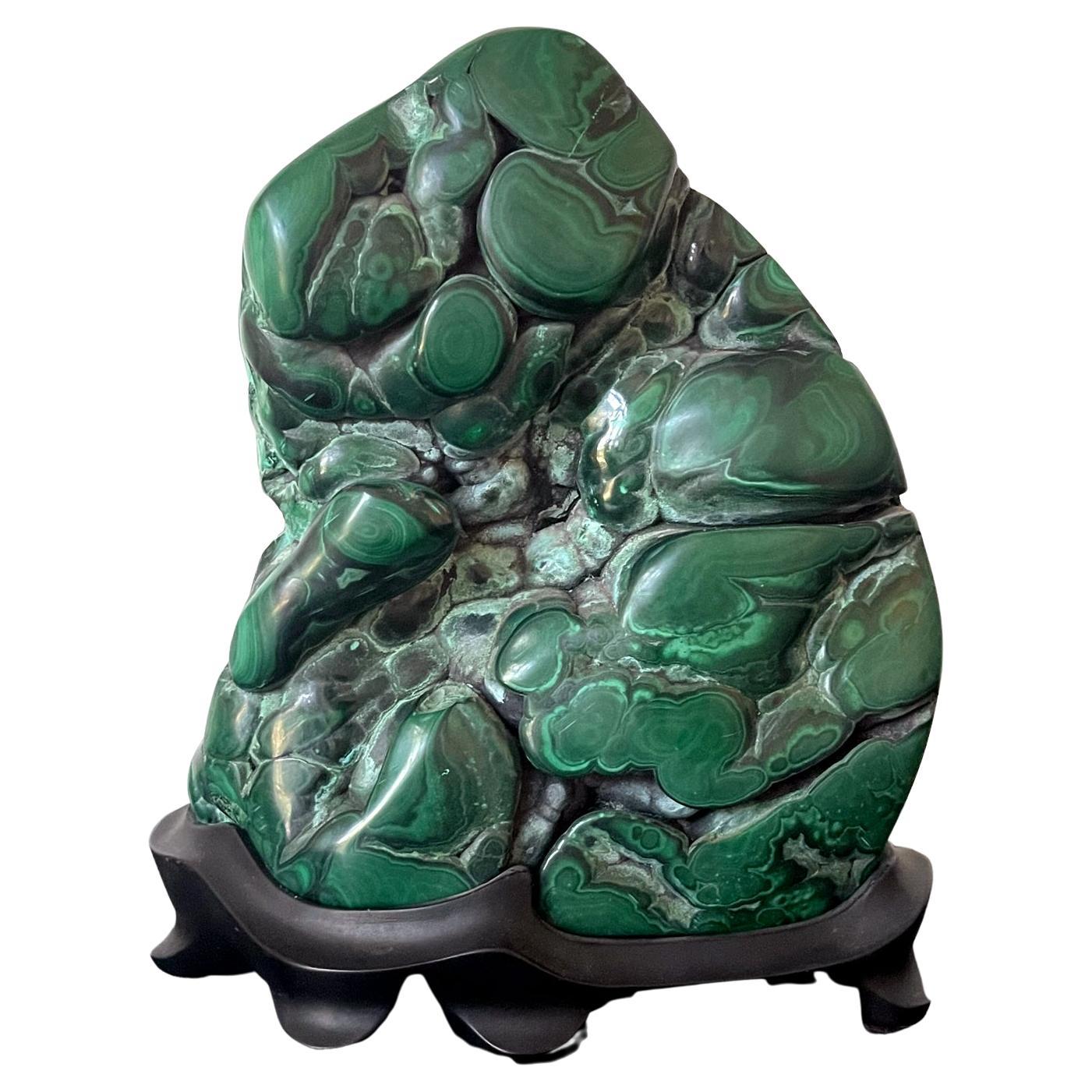 Malachite Rock on Display Stand Chinese Scholar Stone For Sale