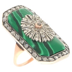 Malachite Rose Cut Diamonds Yellow Gold 14 Karat Silver Cocktail Ring 