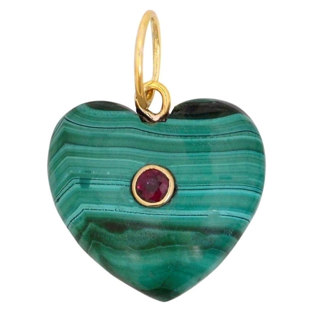 Malachite Ruby 14 Karat Gold Heart Charm Pendant Necklace For Sale