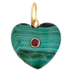 Malachite Ruby 14 Karat Gold Heart Charm Pendant Necklace