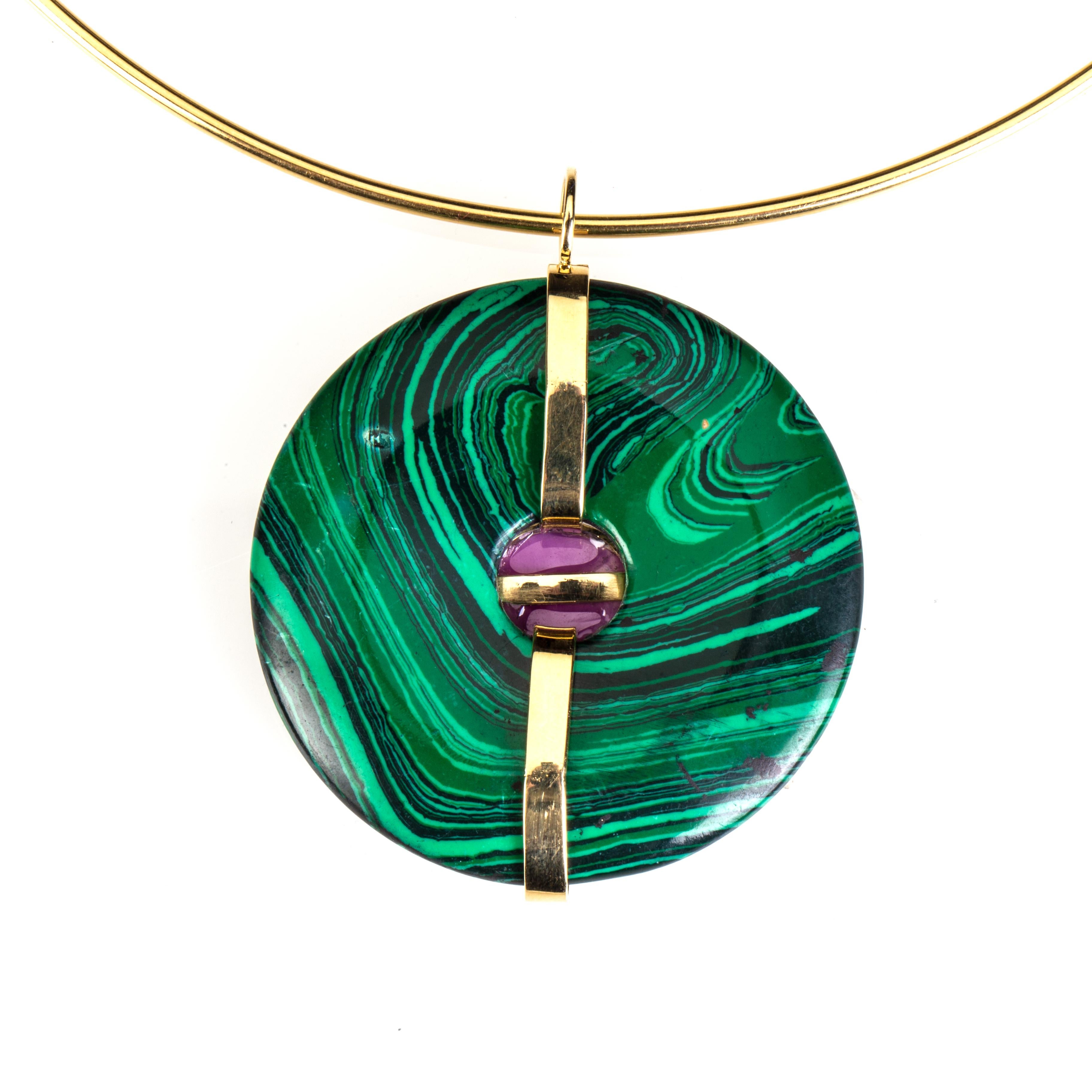 Artisan Malachite Ruby Gold Pendant For Sale