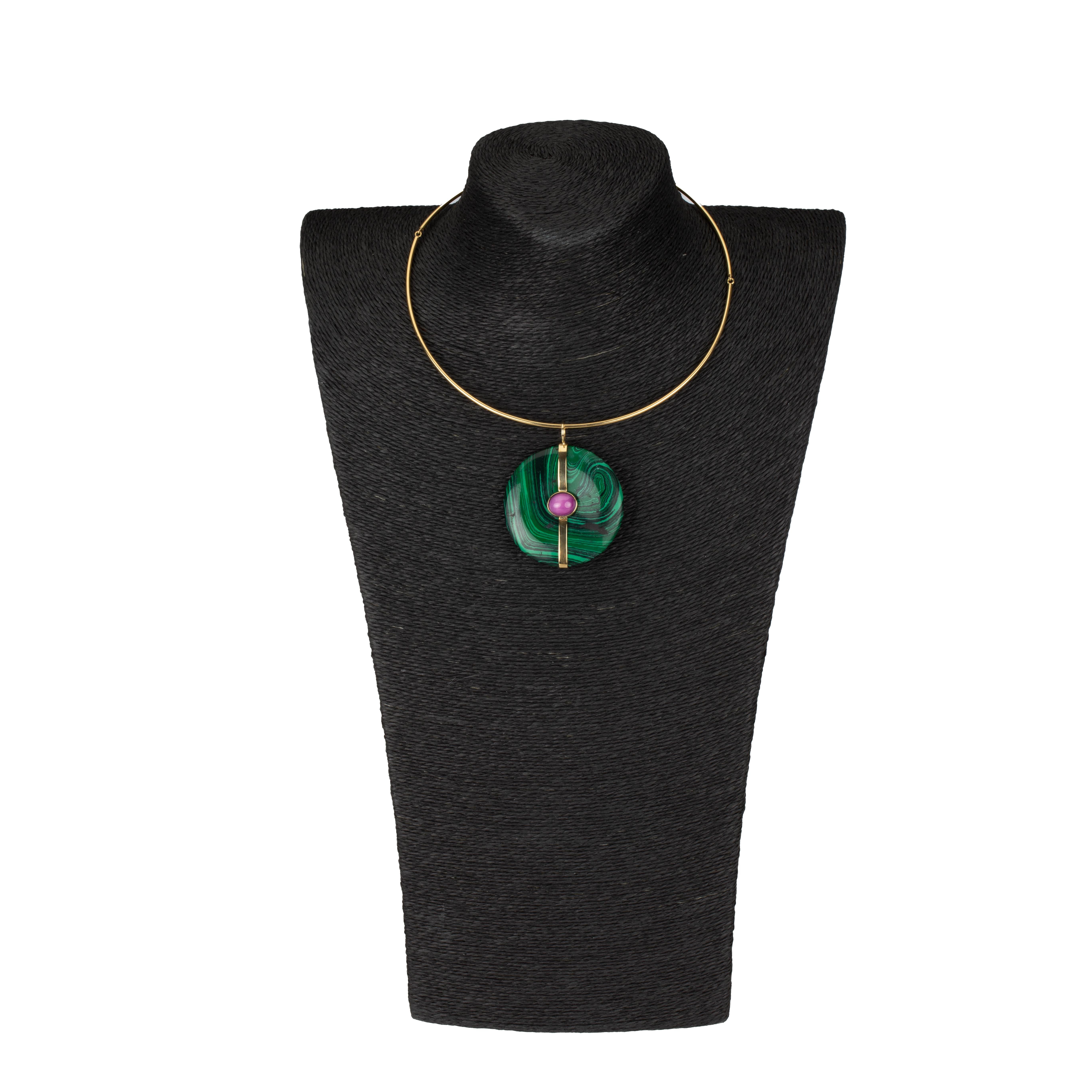 Mixed Cut Malachite Ruby Gold Pendant For Sale