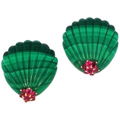 Malachite Ruby Gold Shell Earclips