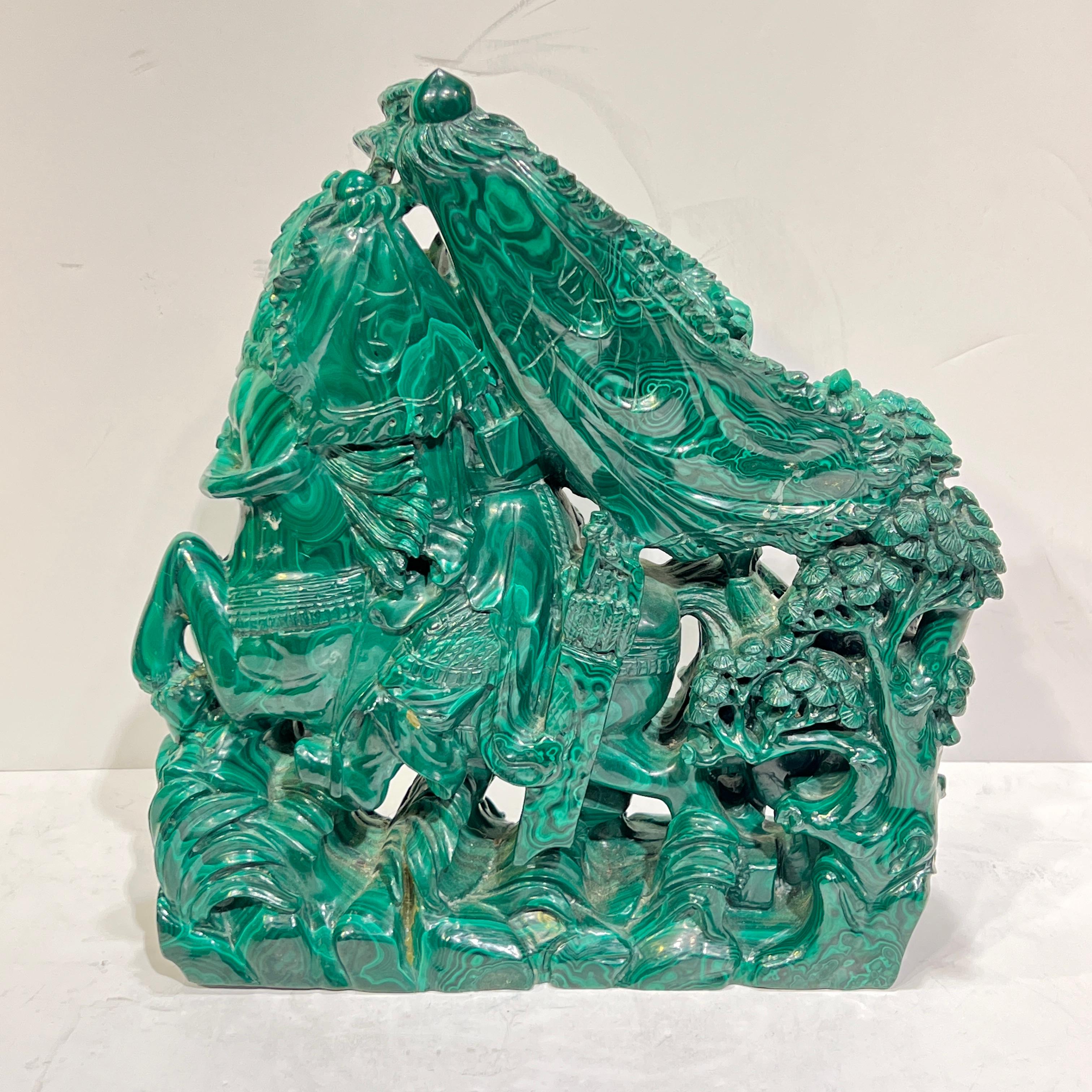 Hand-Carved Malachite Sculpture of Buddhist Deity Bodhisattva on Horseback For Sale