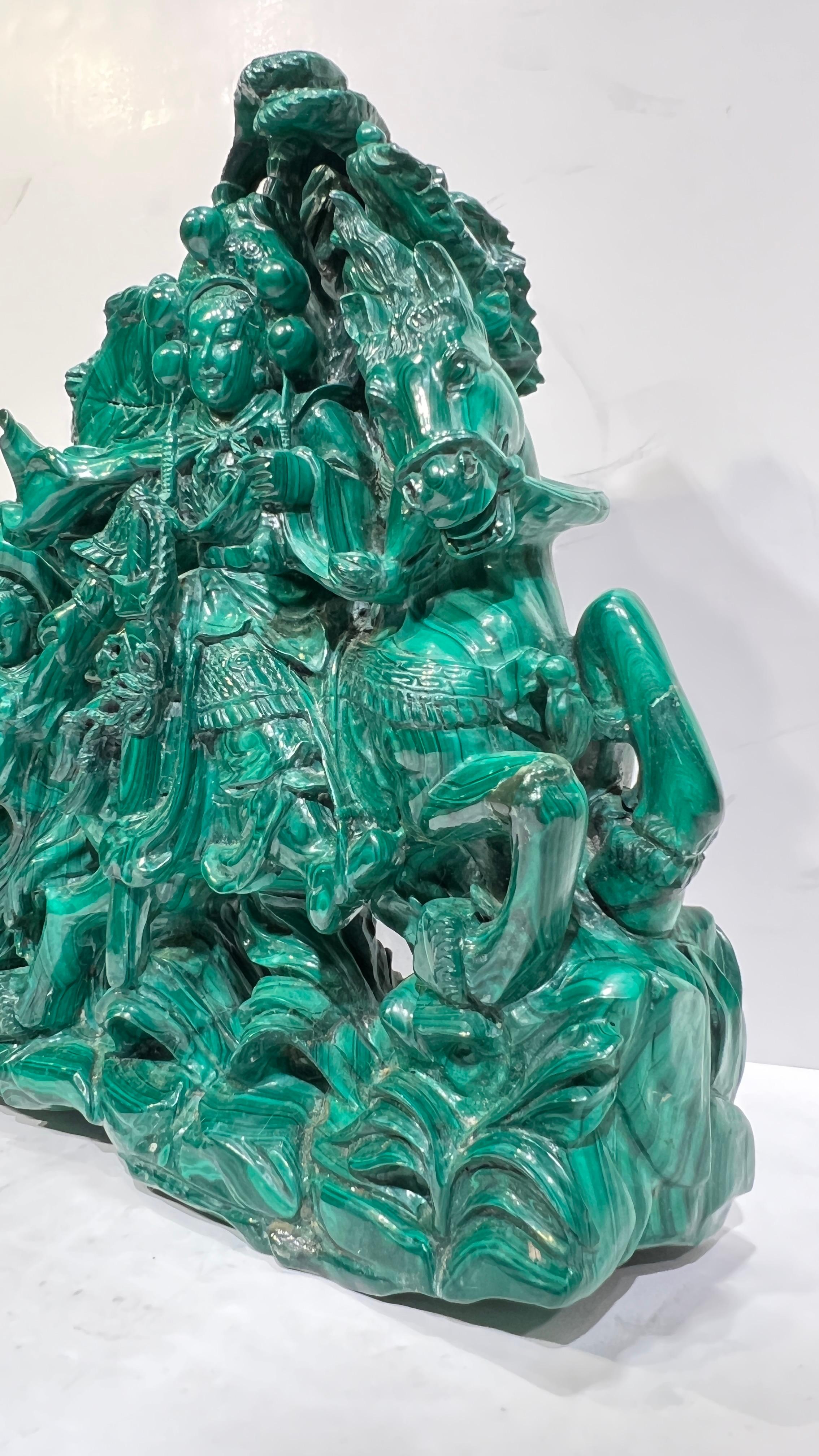 Malachite Sculpture of Buddhist Deity Bodhisattva on Horseback For Sale 1
