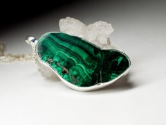 Malachite Silver necklace Oak Leaf Shaped Green Gemstone healing jewelry vintage