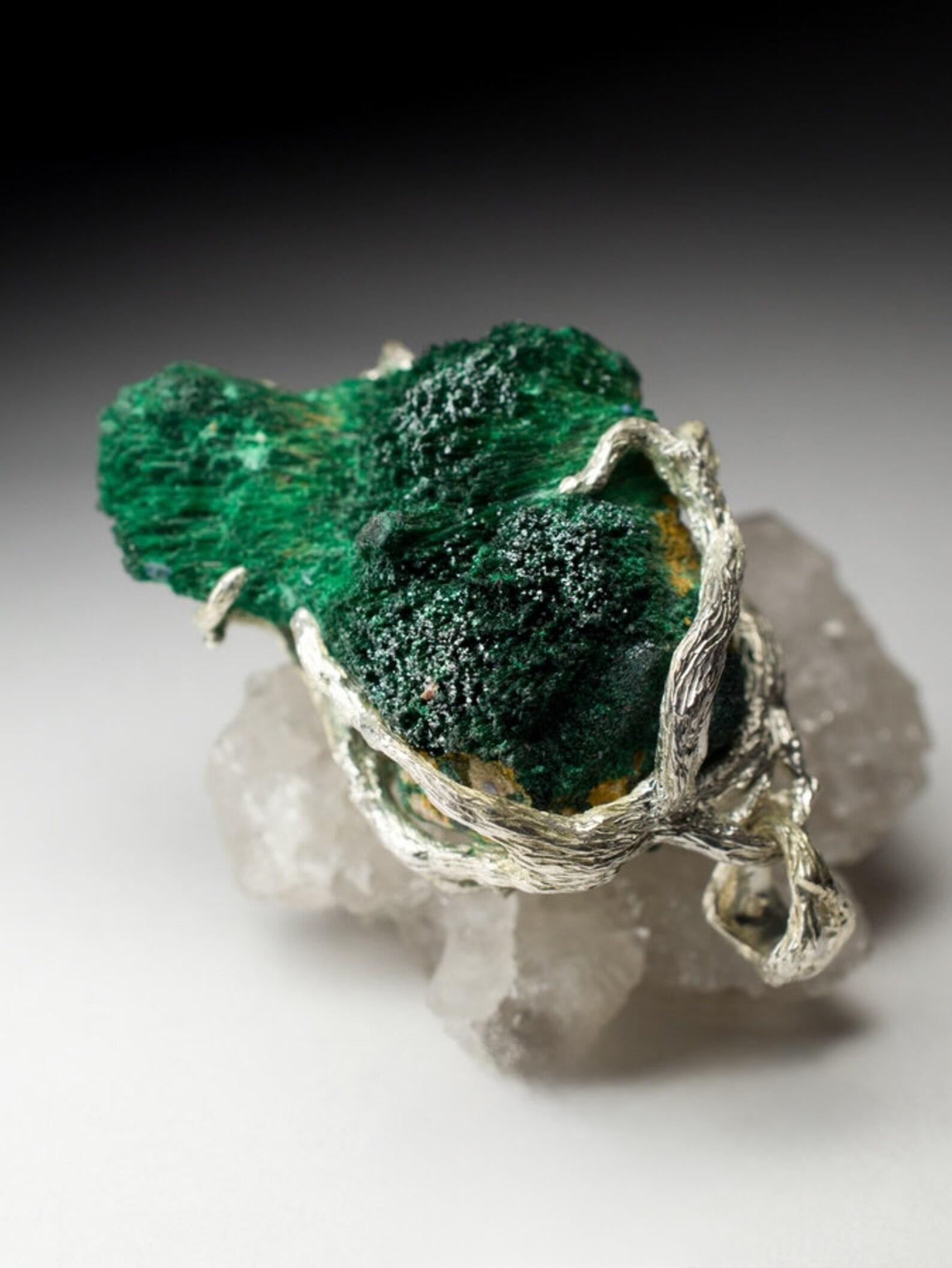 Malachite Silver Pendant Deep Green Moss Fiber Forest Natural Gemstone For Sale 2