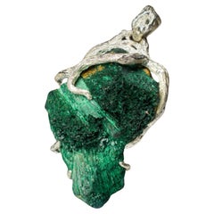 Pendentif en argent malachite vert profond mousse fibre forêt pierre naturelle