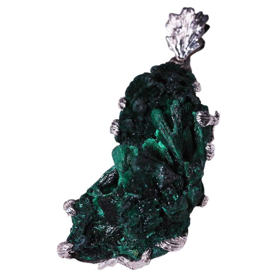 Malachite Silver Pendant Raw Uncut Crystals Green Gemstone Unisex For Sale