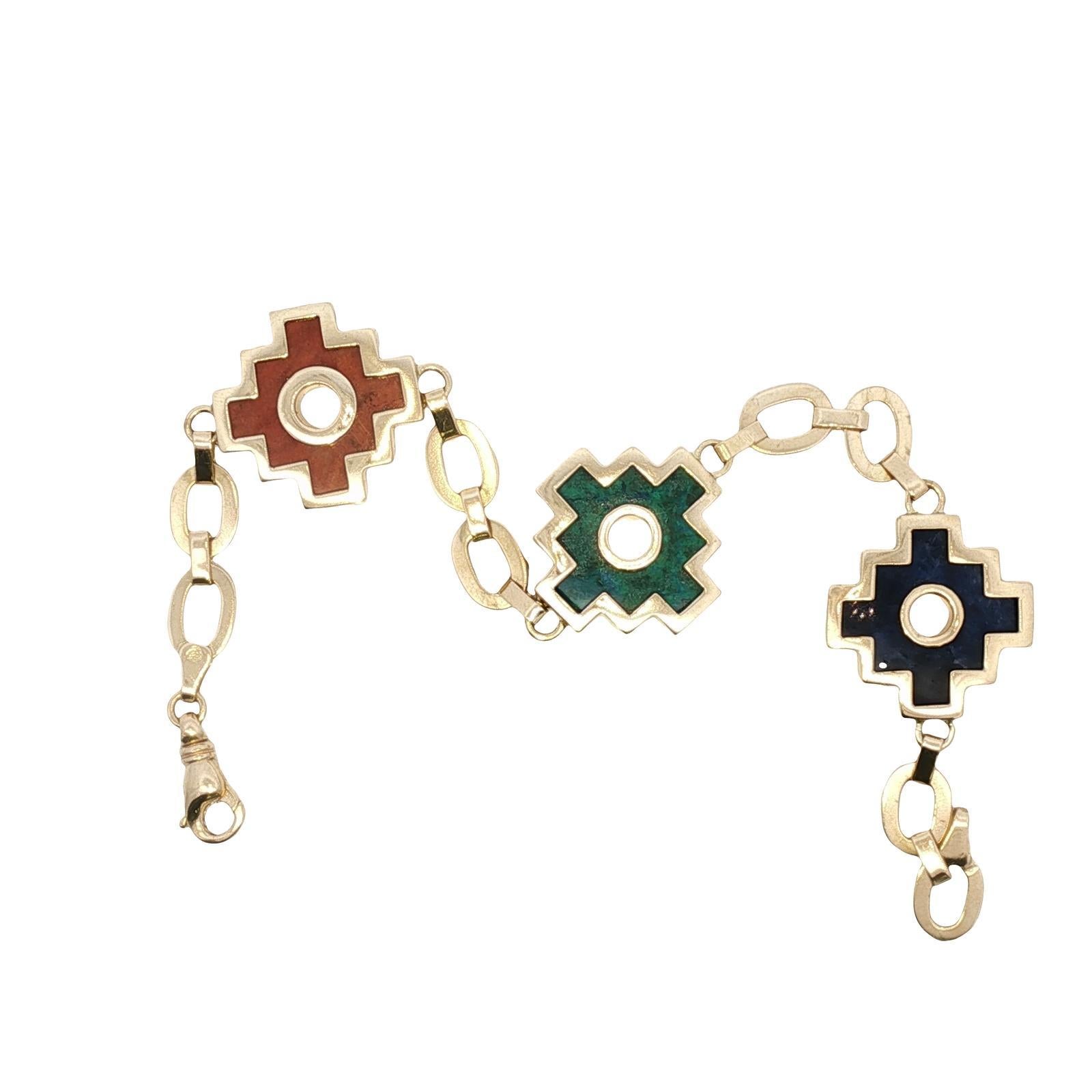 Moderne Bracelet Chakana Link en or jaune 18 carats avec malachite et sodalite en vente