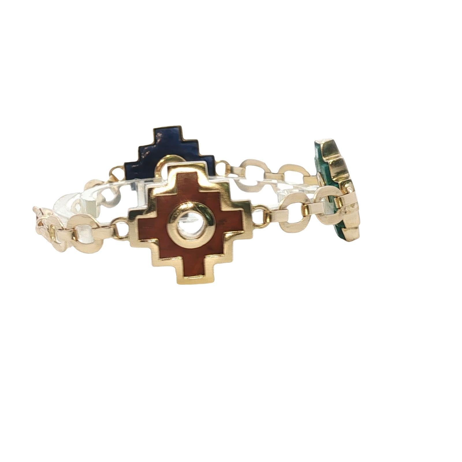 Bracelet Chakana Link en or jaune 18 carats avec malachite et sodalite en vente 1