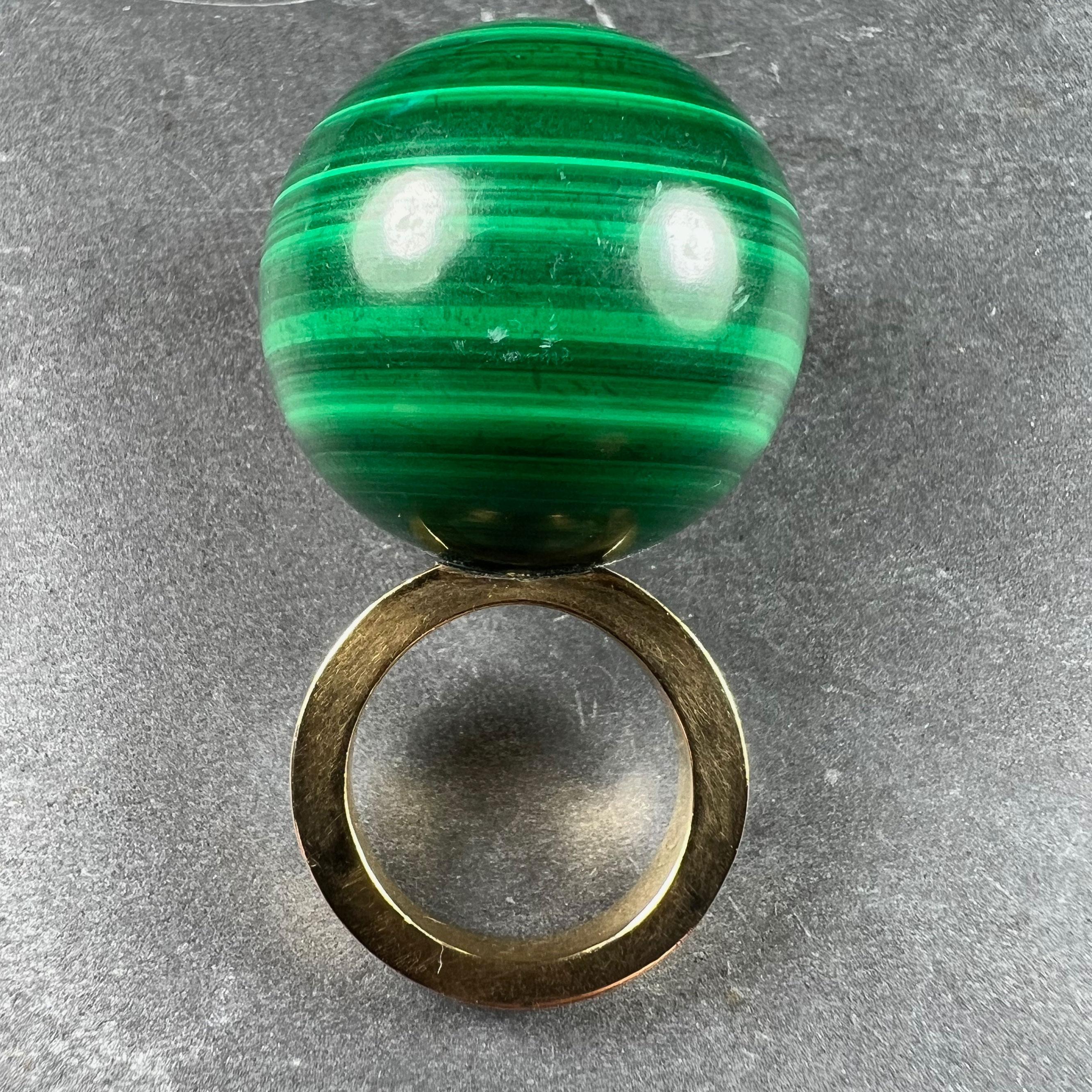 Ball Cut Malachite Sphere 18 Karat Yellow Gold Ring Pendant For Sale