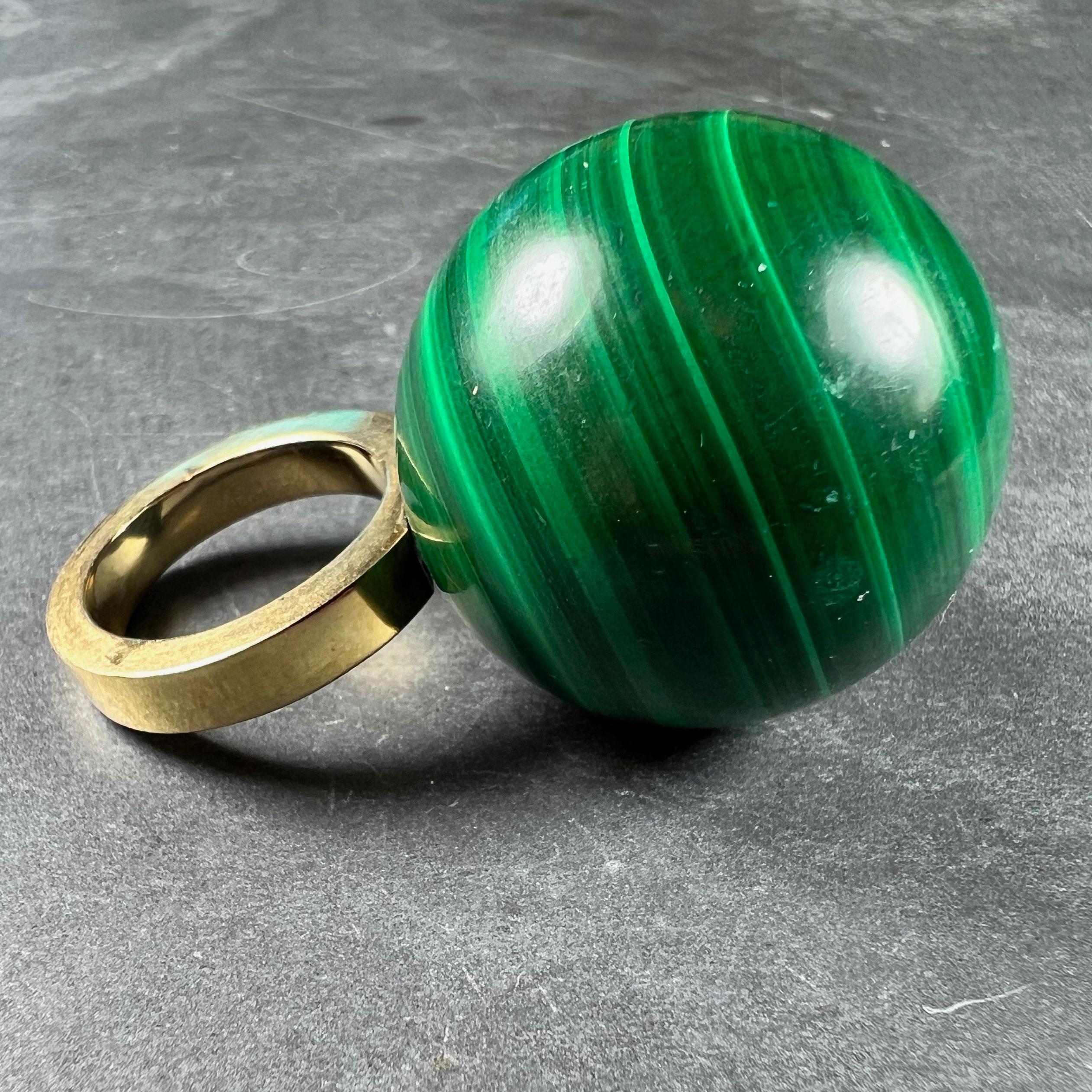 Women's or Men's Malachite Sphere 18 Karat Yellow Gold Ring Pendant For Sale