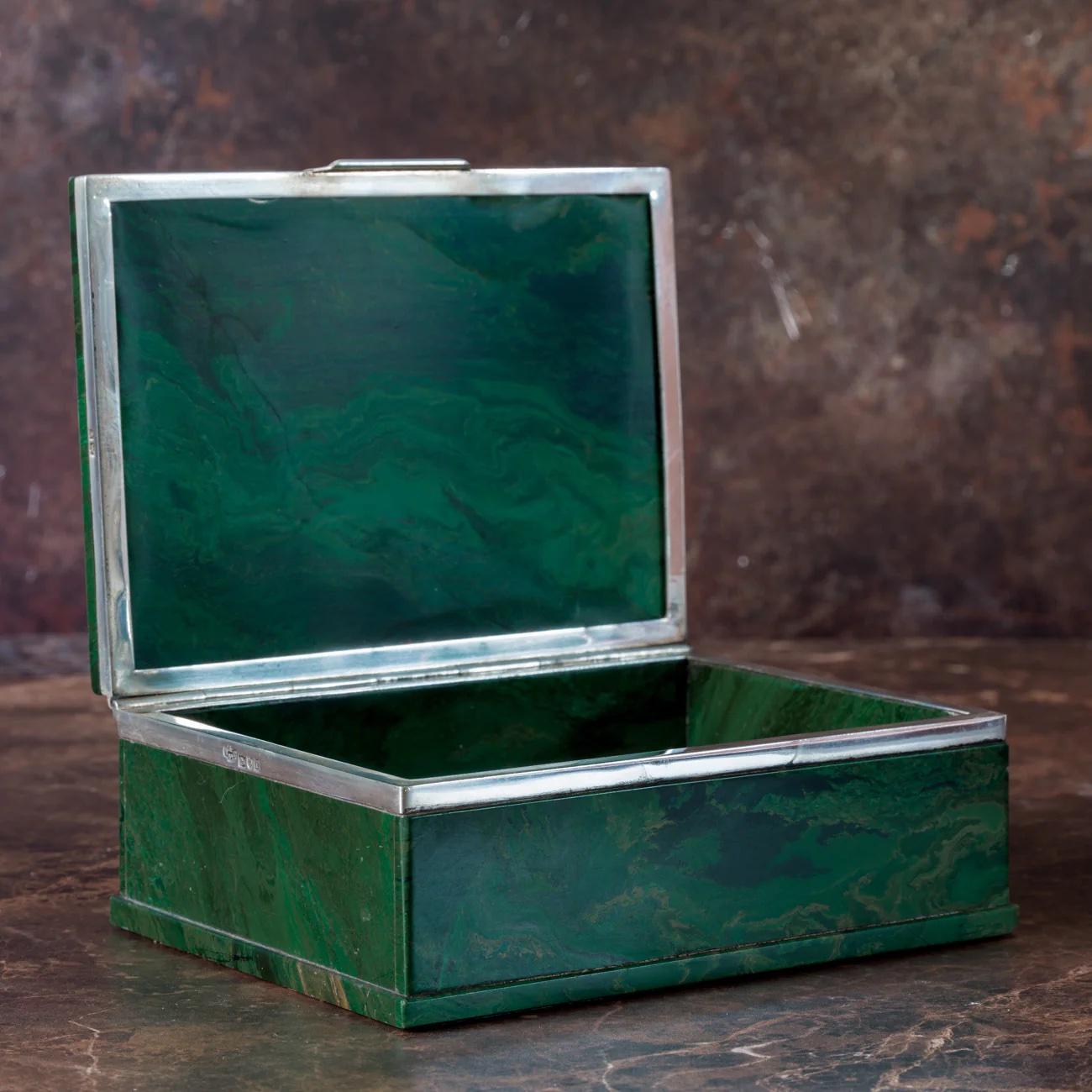 Sterling Silver Verdite Stone Box, Hallmarked London 1912