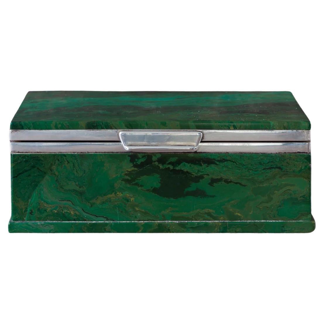 Malachite Stone Box, Hallmarked London 1912 For Sale