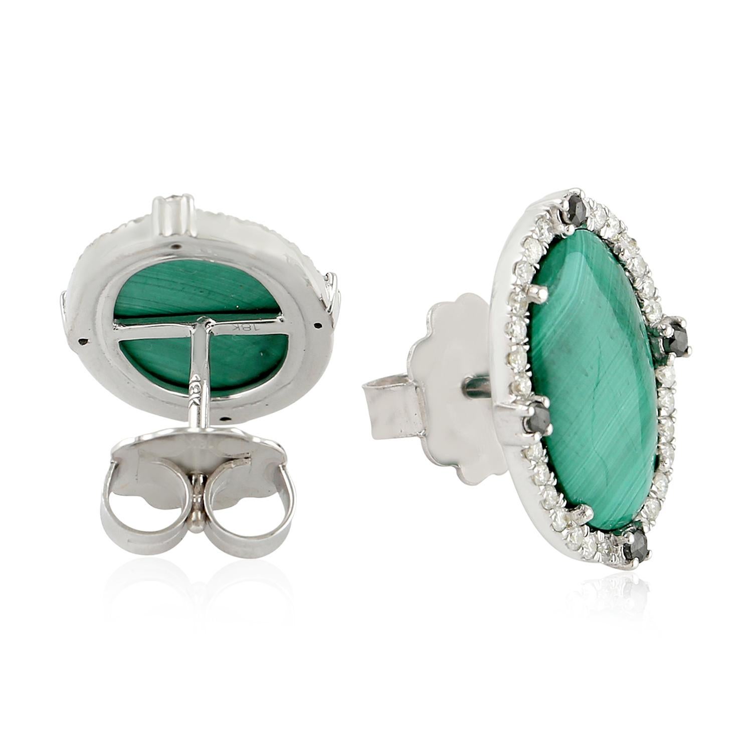 Artisan Malachite Stud Earrings With Diamonds Made In 18k White Gold For Sale