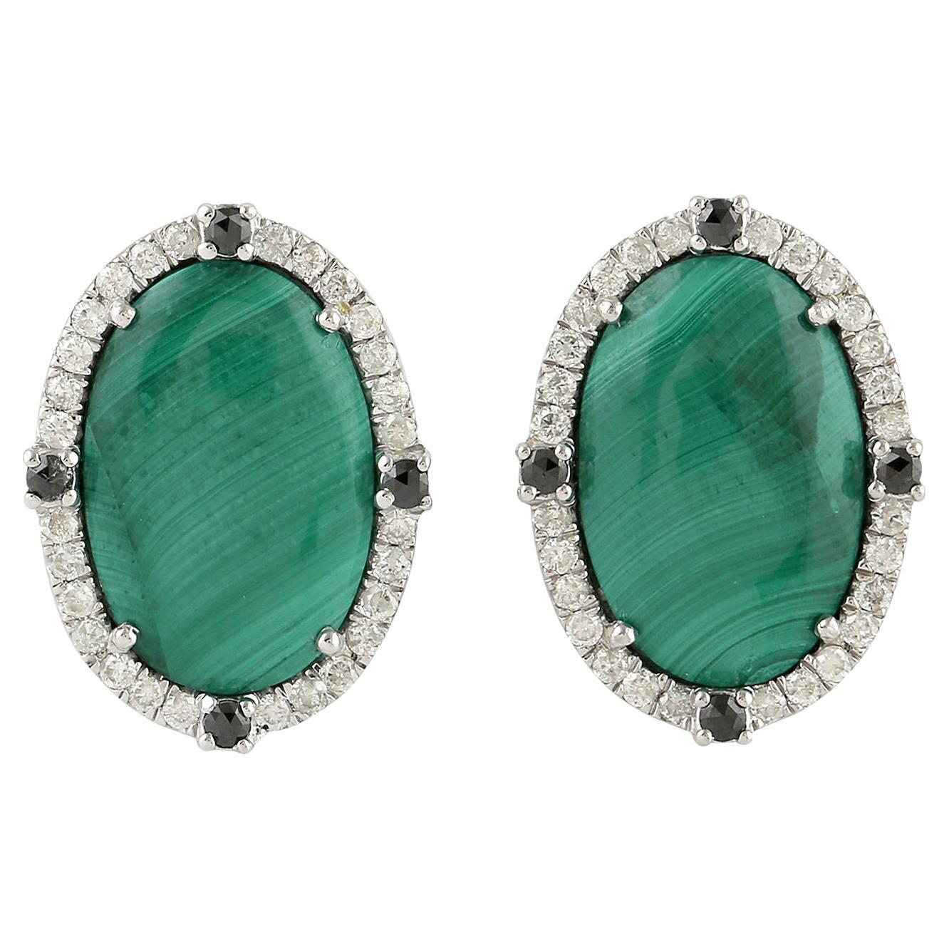 Malachite Stud Earrings With Diamonds Made In 18k White Gold