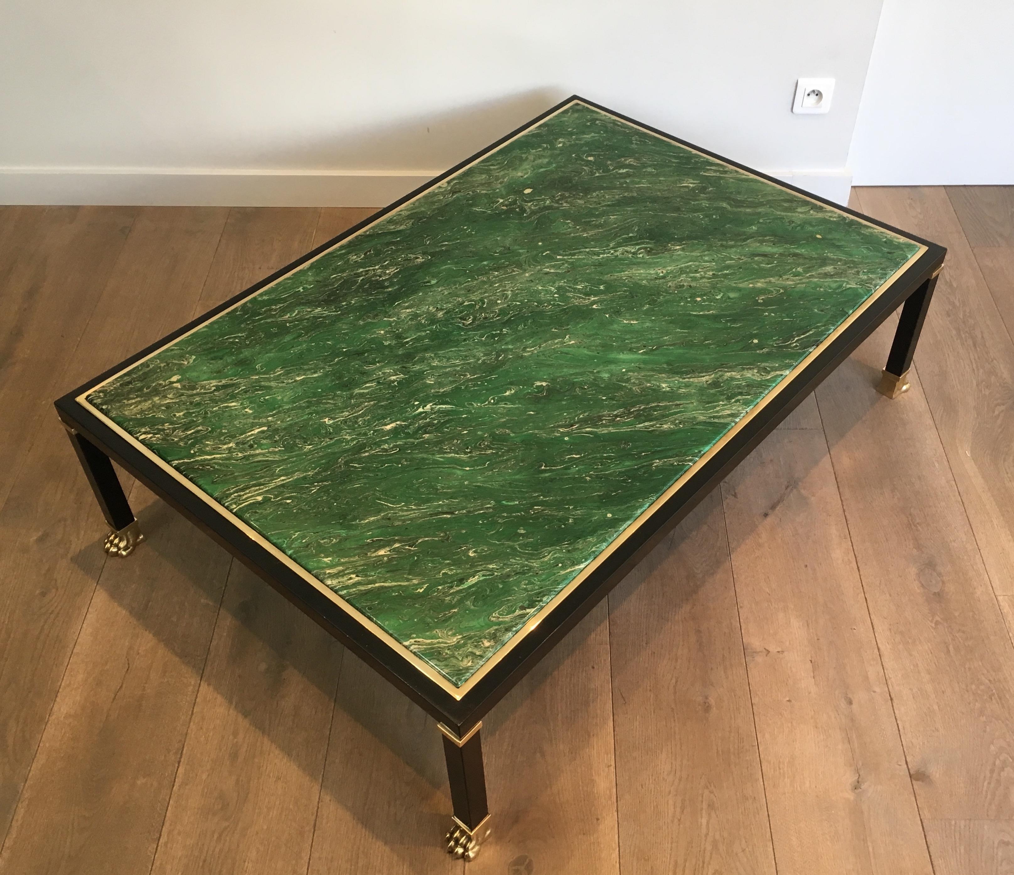 Malachite Style, Black Lacquered Metal & Claw Feet Coffee Table by Guy Lefèvre 10