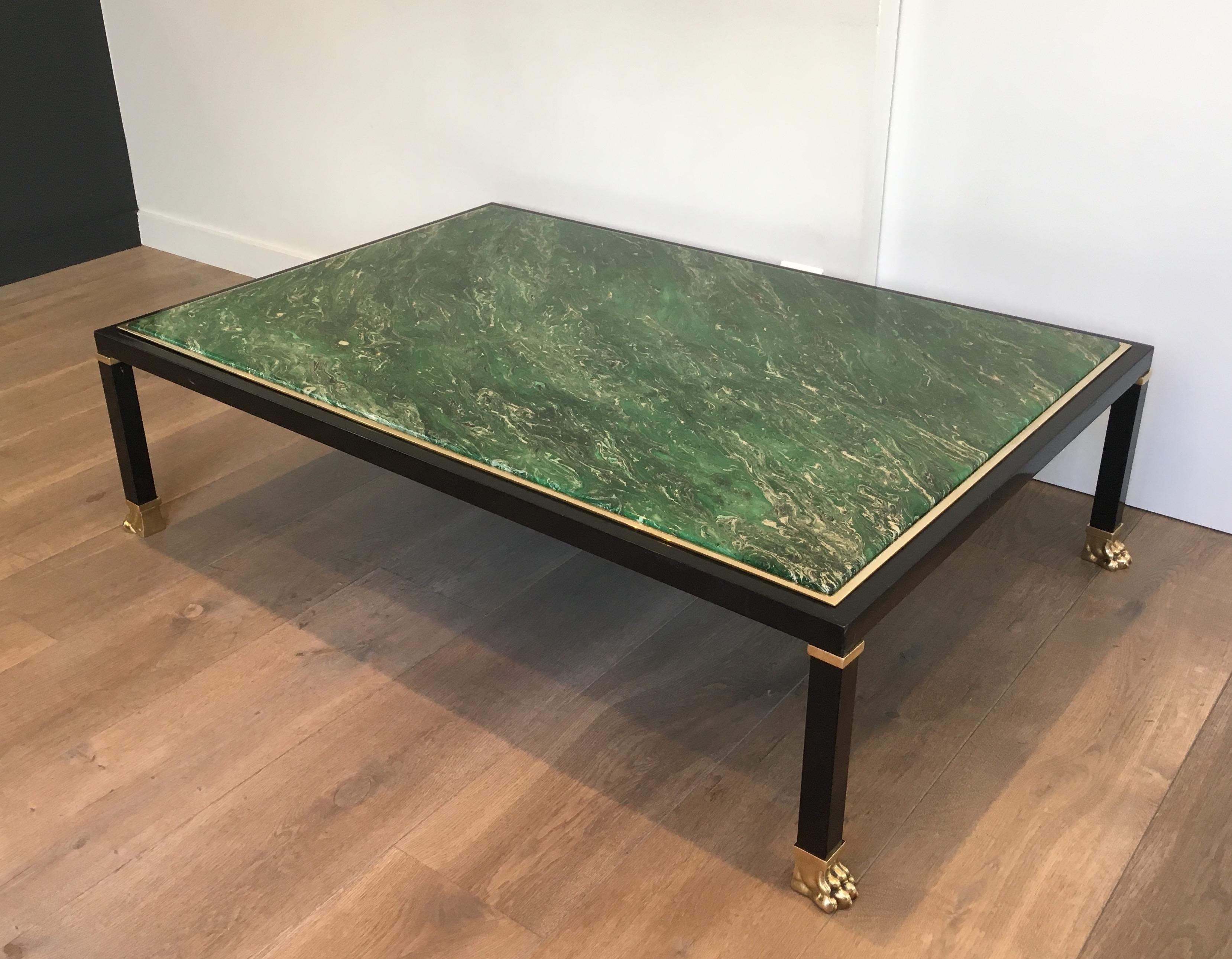 Mid-Century Modern Malachite Style, Black Lacquered Metal & Claw Feet Coffee Table by Guy Lefèvre