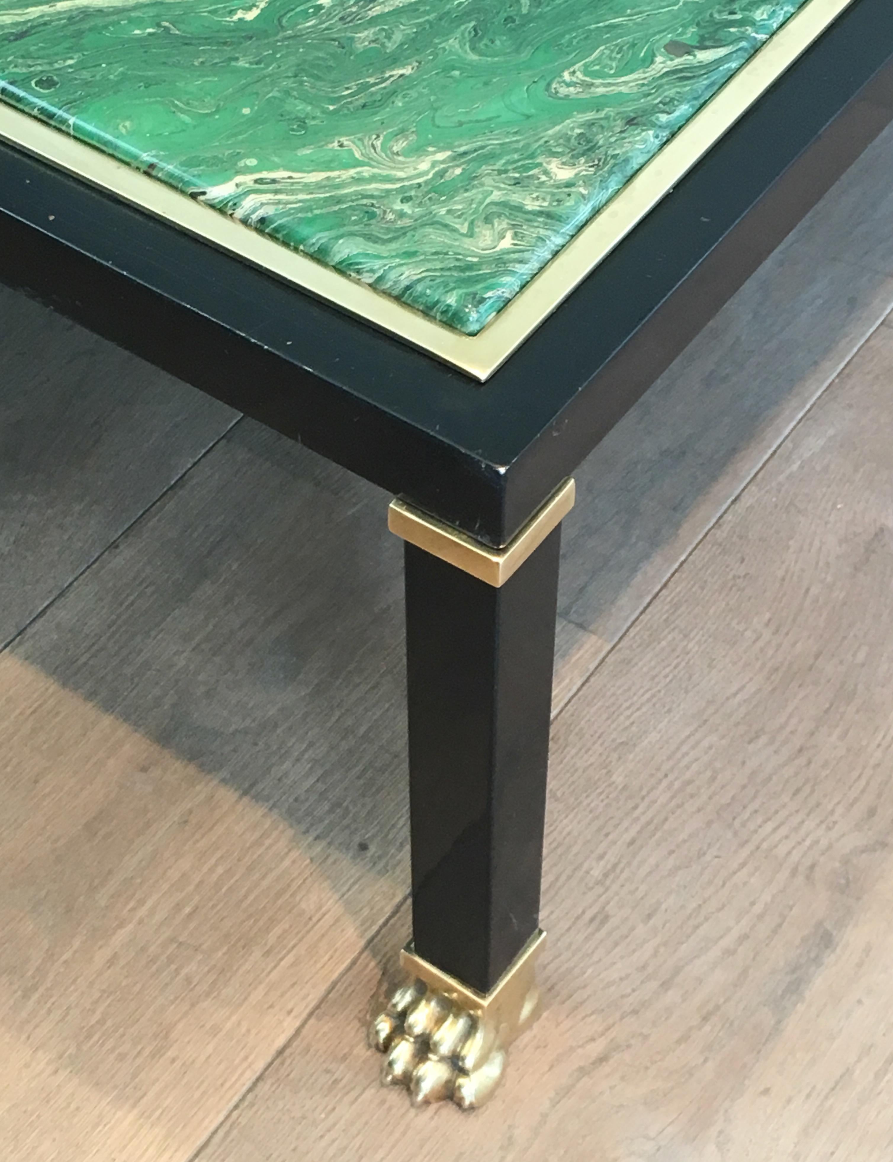 French Malachite Style, Black Lacquered Metal & Claw Feet Coffee Table by Guy Lefèvre