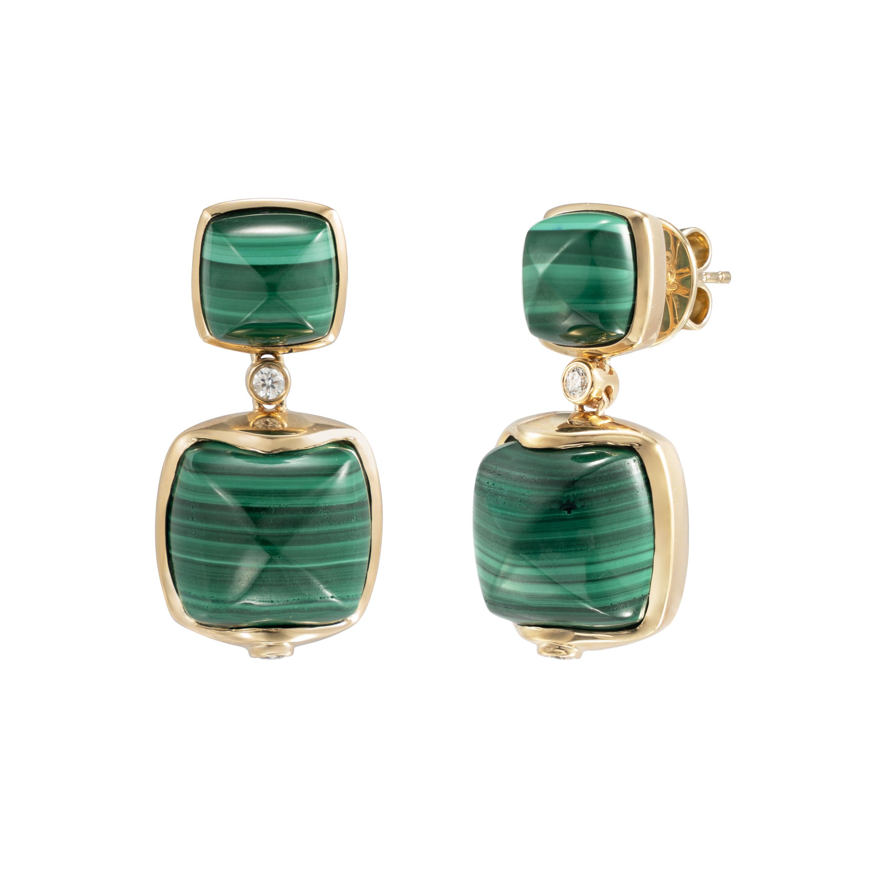 Sweet Sugarloaves! Light and easy to wear these earrings showcase beautiful sugarloaf gemstones accented with a gold frame and diamonds. These earrings are dainty yet have a great pop of color from the vibrant gems.

Malachite Sugarloaf Earrings