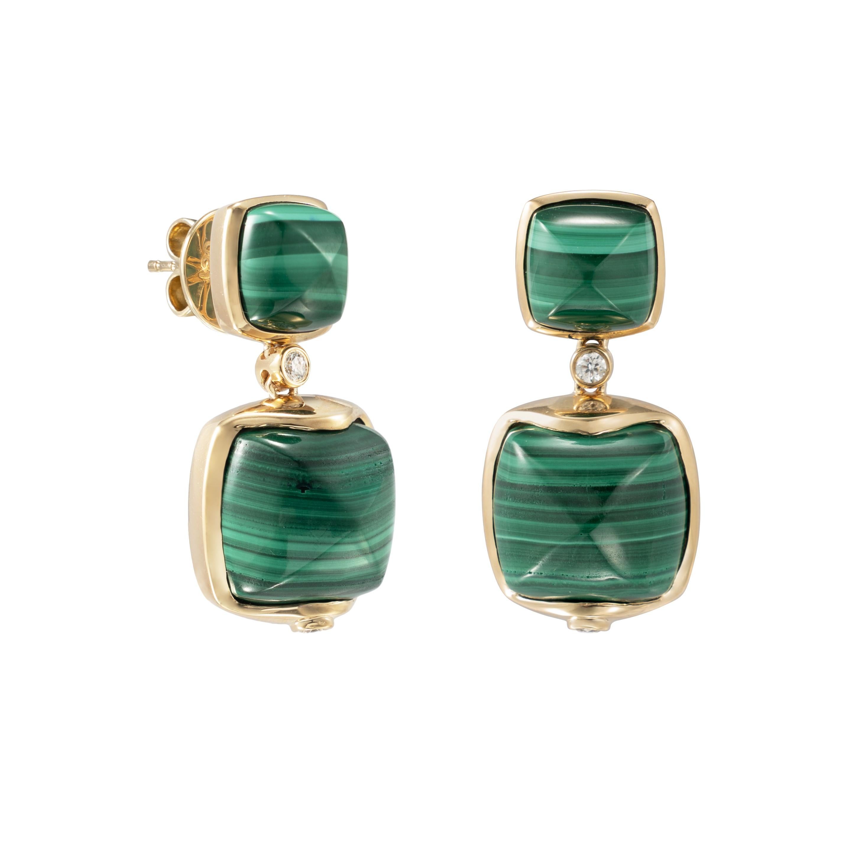 Contemporary Malachite Sugarloaf Earrings with Diamond in 18 Karat Yellow Gold For Sale