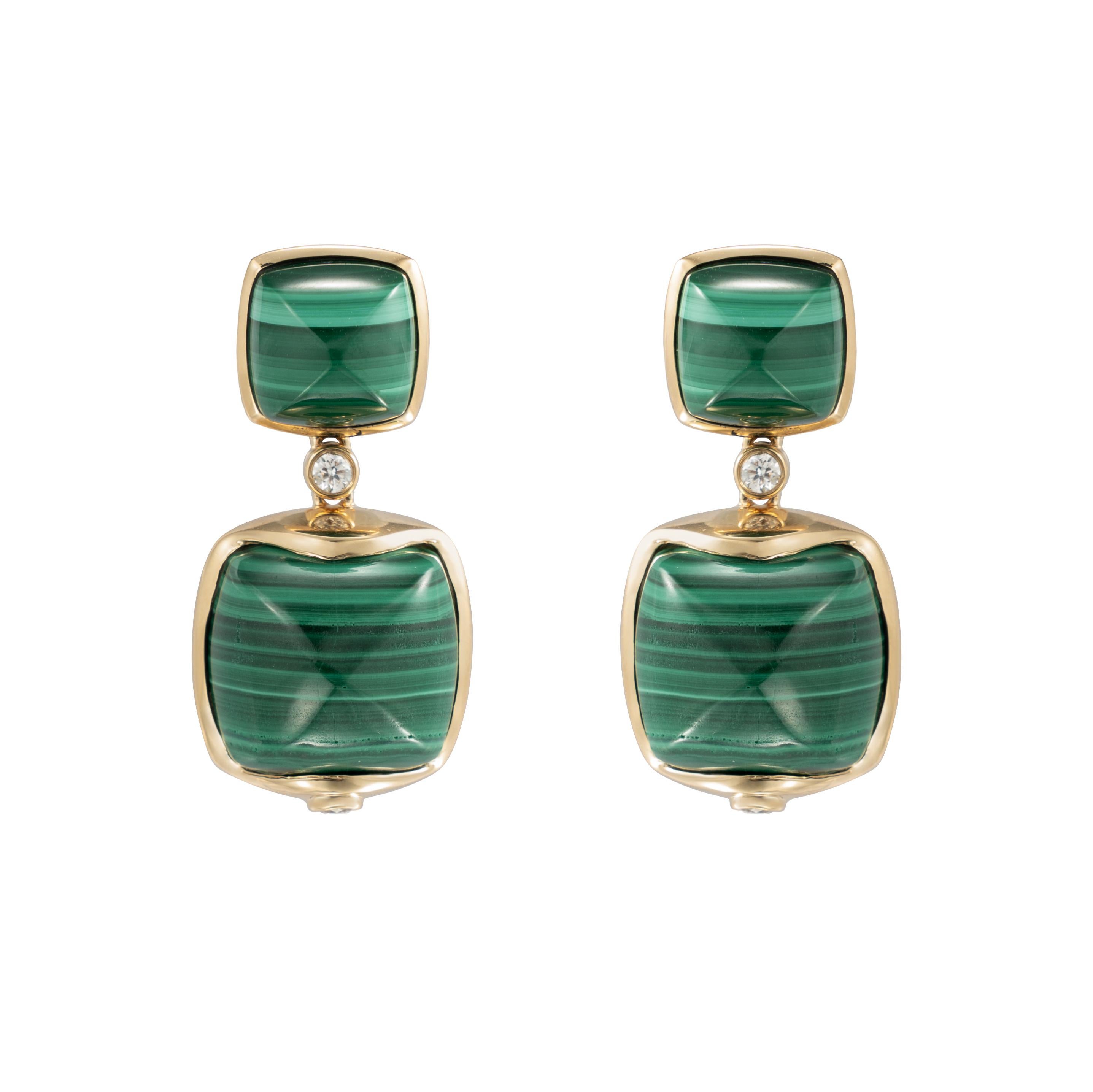Sugarloaf Cabochon Malachite Sugarloaf Earrings with Diamond in 18 Karat Yellow Gold For Sale