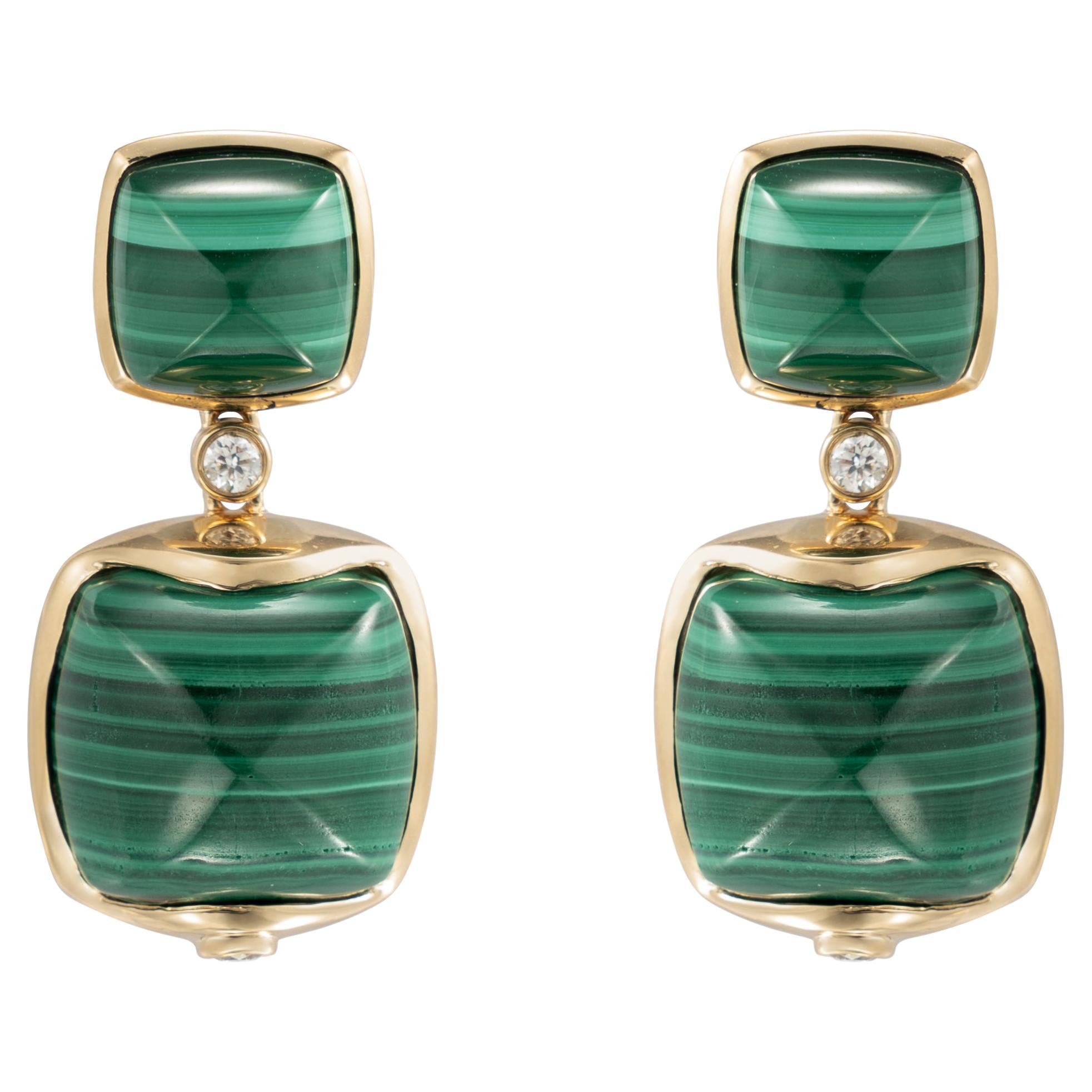 Malachite Sugarloaf Earrings with Diamond in 18 Karat Yellow Gold For Sale