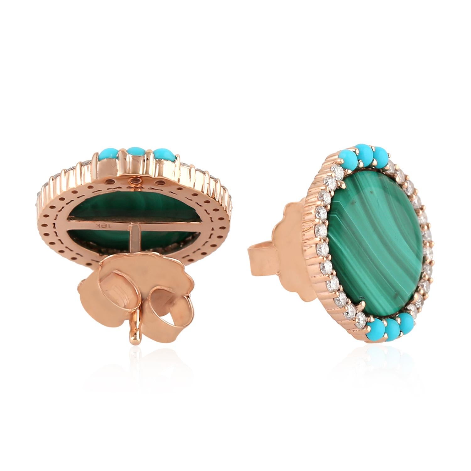 Moderno Orecchini a perno in oro 14 carati con diamante e turchese malachite in vendita