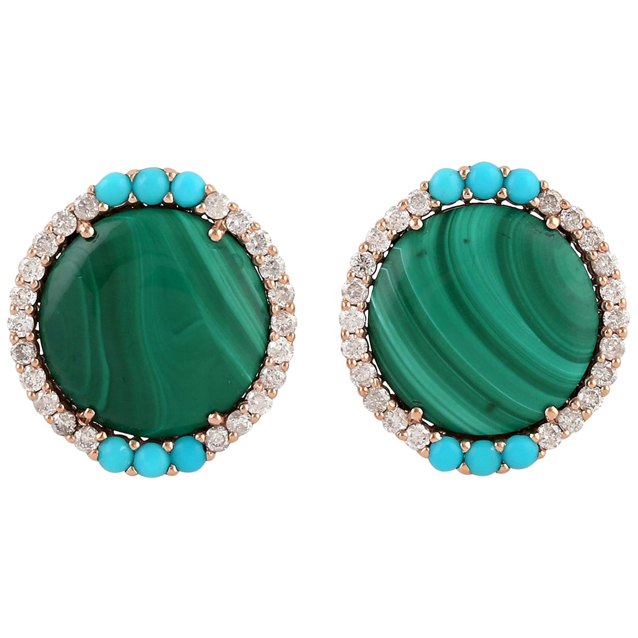Malachite Turquoise Diamond 18 Karat Gold Stud Earrings