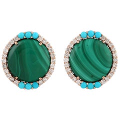 Clous d'oreilles en or 18 carats avec malachite, turquoise et diamants