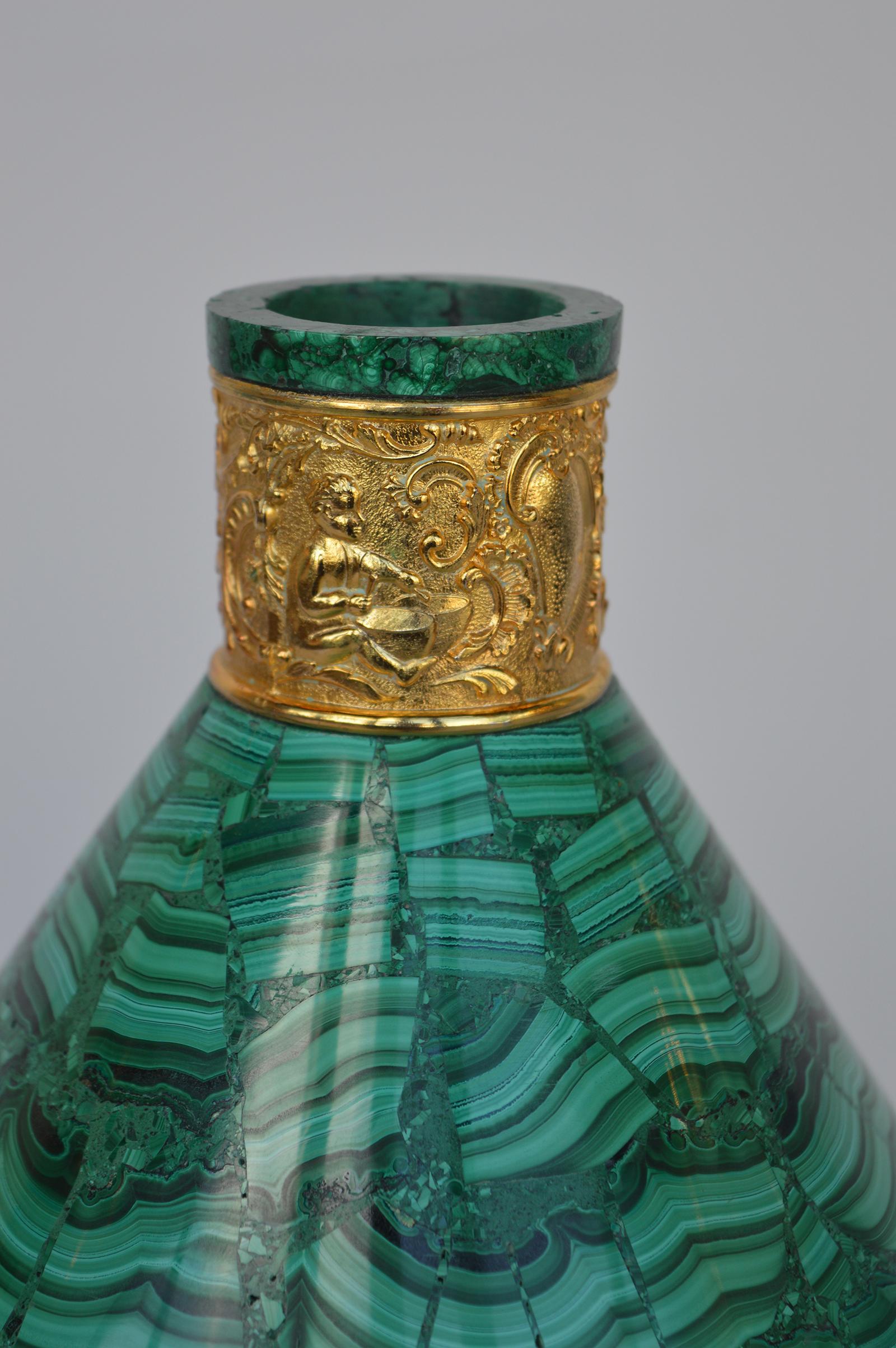 Congolese Malachite Vase with Bronze Accent For Sale