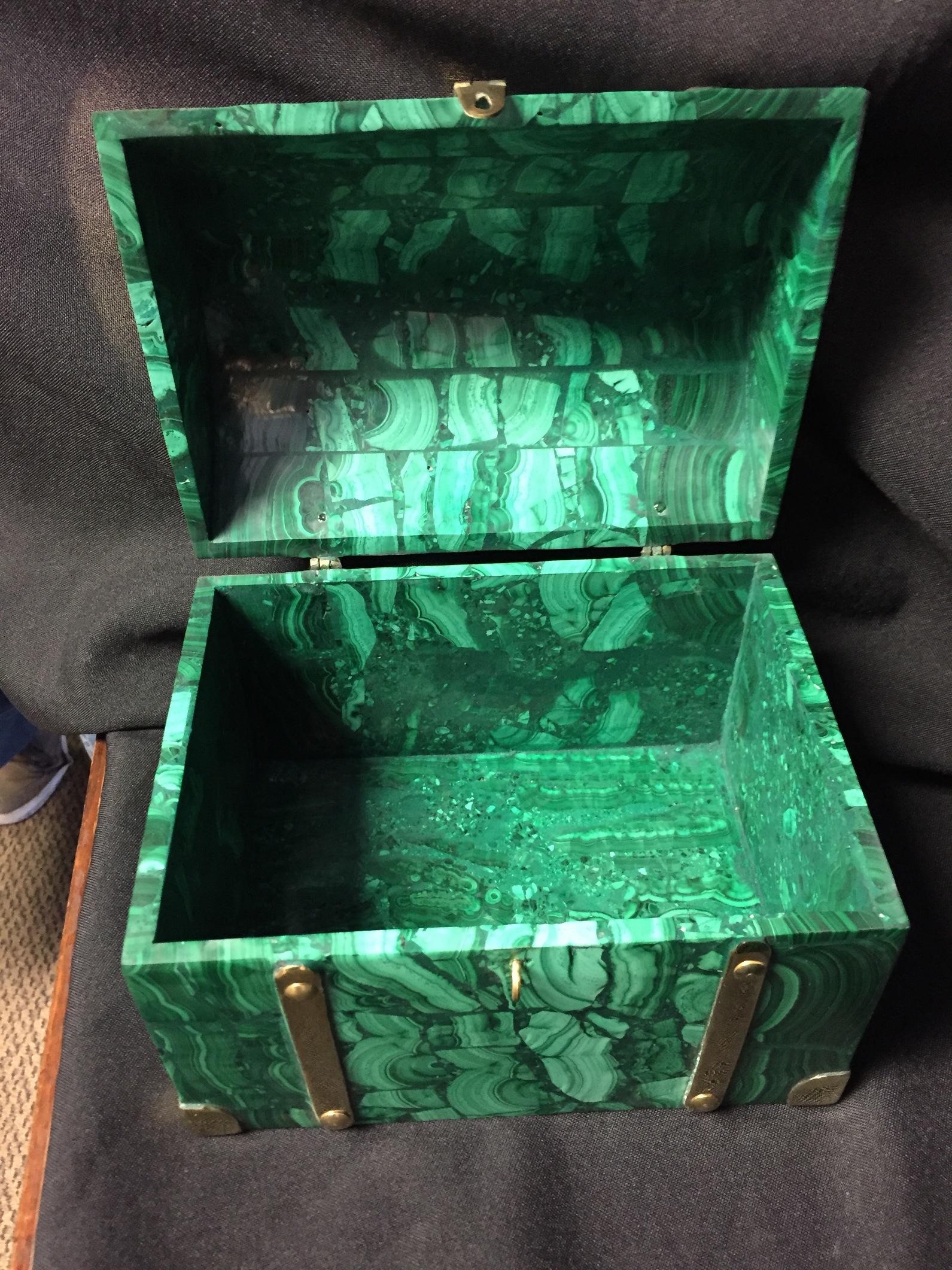 Contemporary Malachite Veneered and Brass Domed Box
