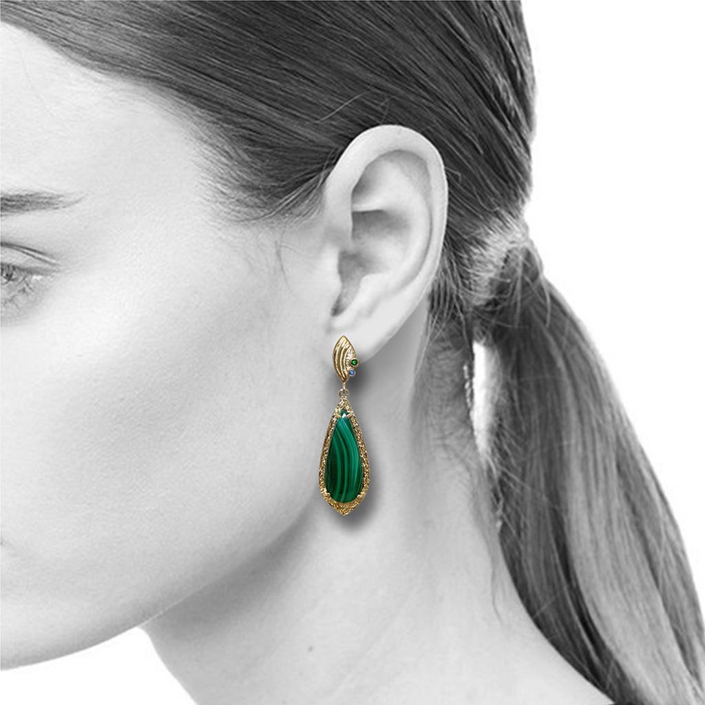 Cabochon Malachite Verde Earrings set in textured 14 Karat Gold Frame by K.MITA For Sale